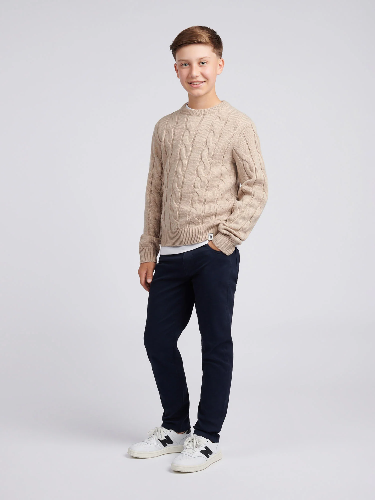 Boys Cable Knit Crew in Atmosphere Marl - Image 3