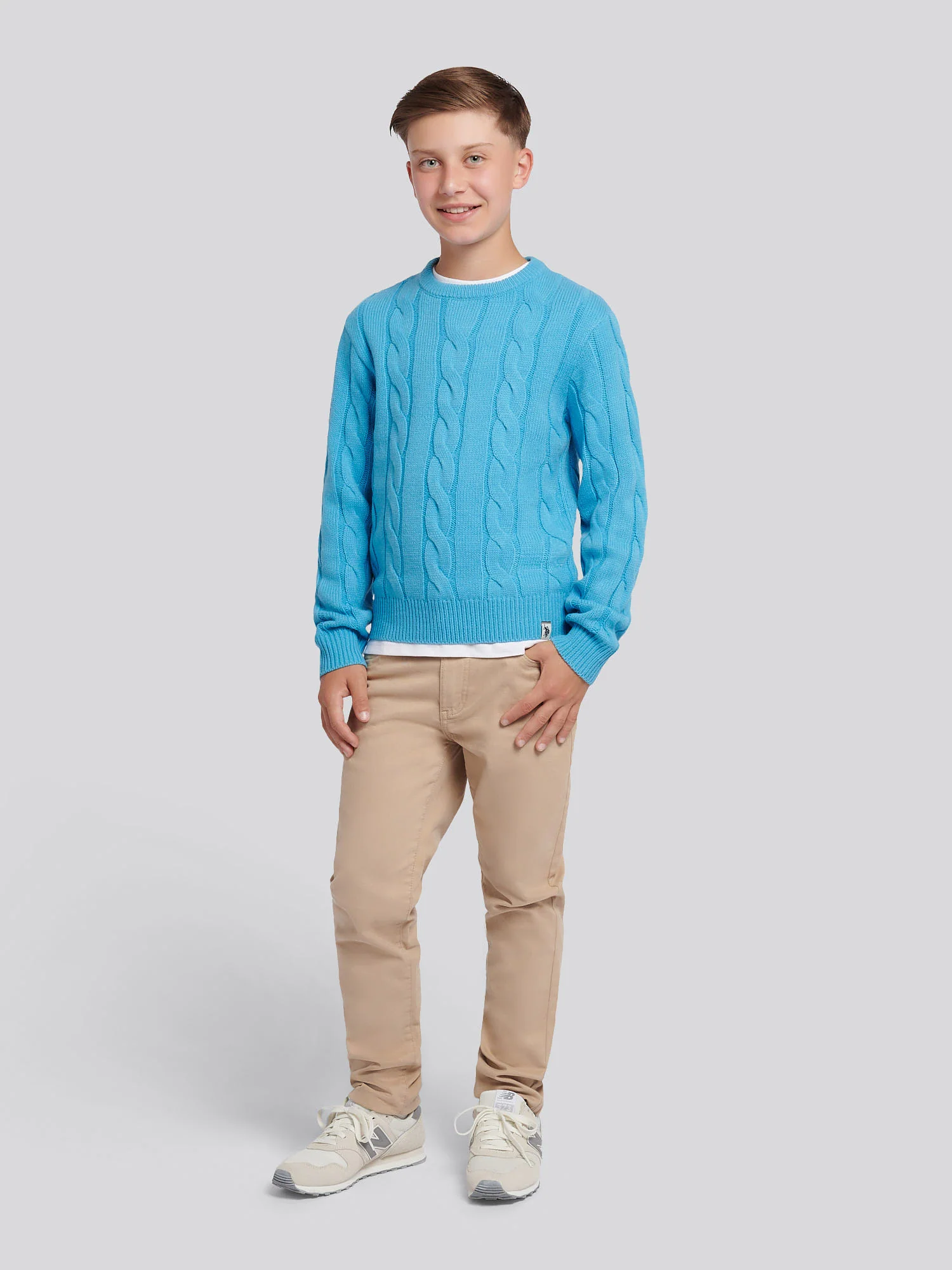 Boys Cable Knit Crew in Heritage Blue - Image 3
