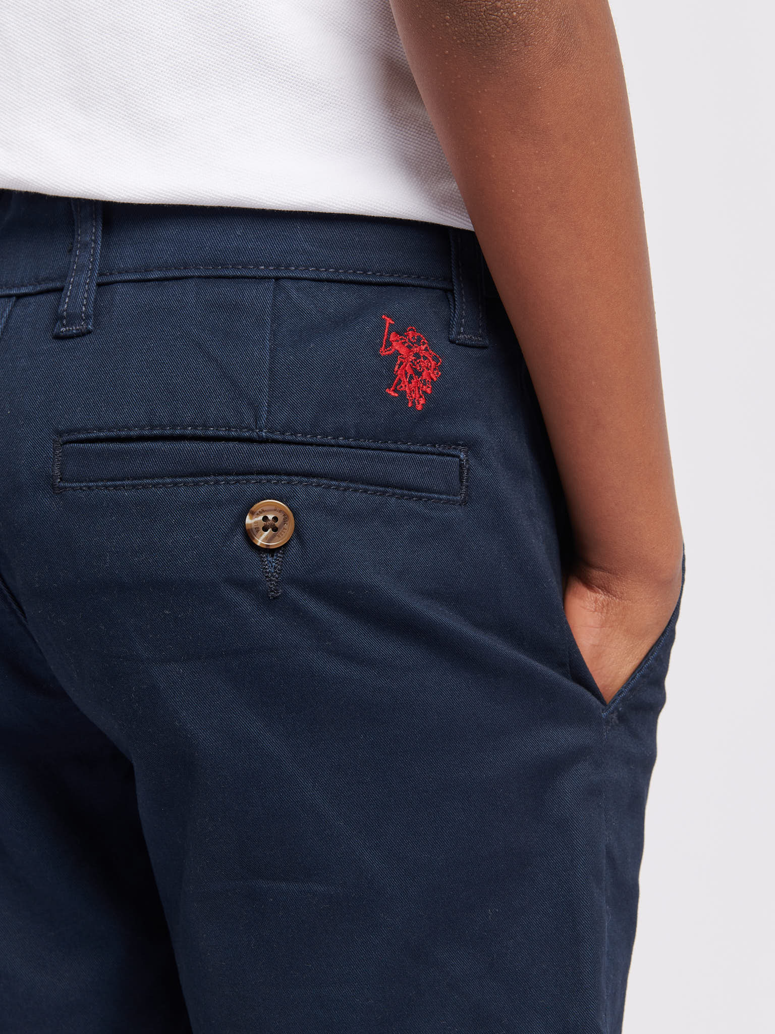 Boys Classic Chino Shorts in Dark Sapphire Navy / Haute Red DHM - Image 2