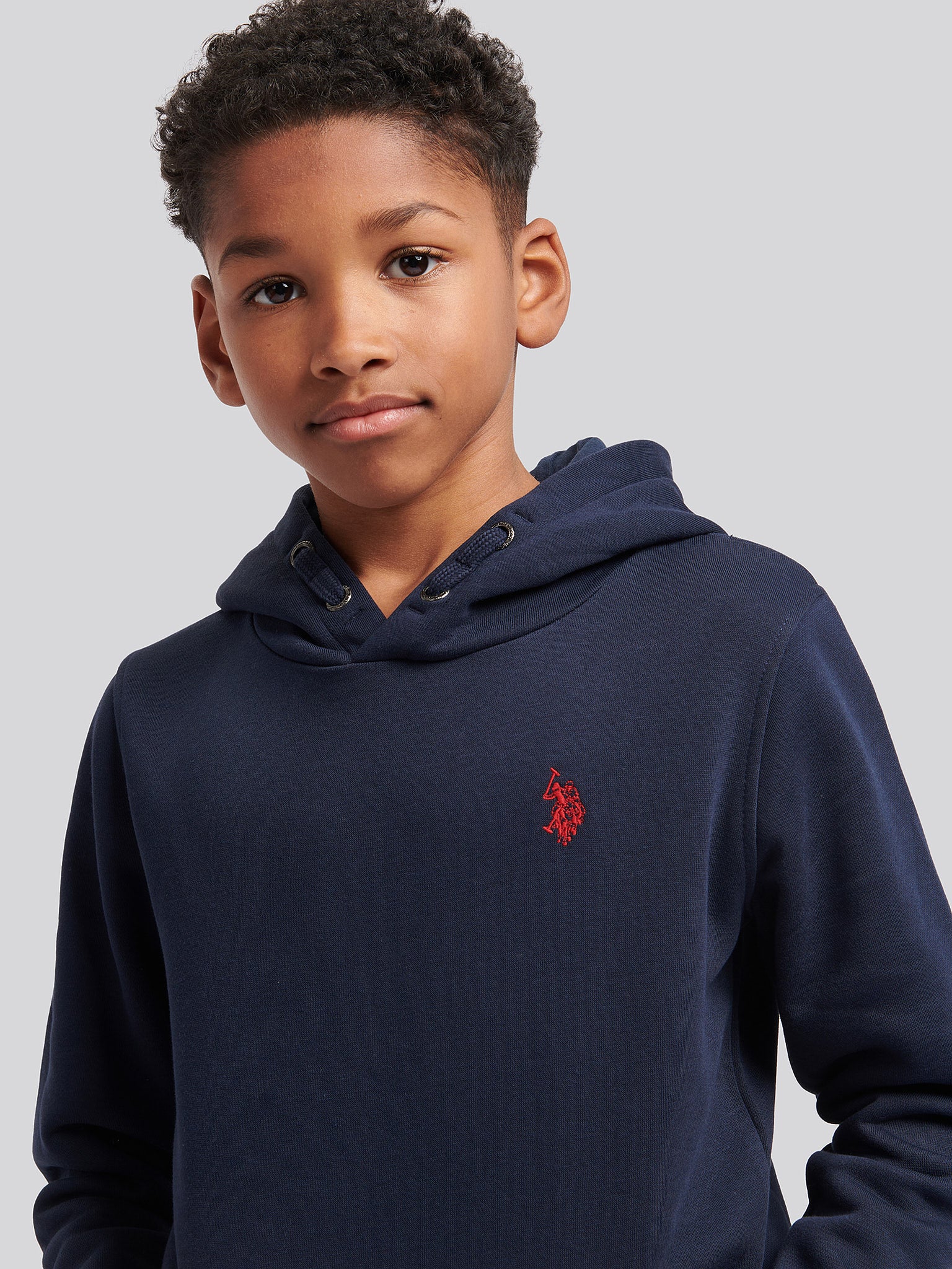 Boys Double Horsemen Brush Back Hoodie in Dark Sapphire Navy / Haute Red DHM - Image 3