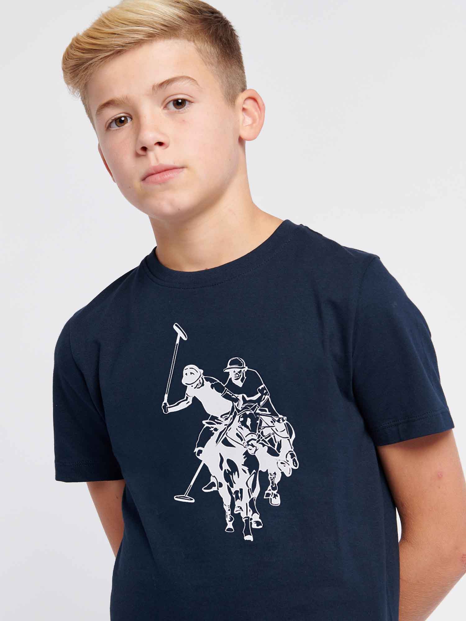 Boys Double Horsemen Graphic T-Shirt in Dark Sapphire Navy - Image 2