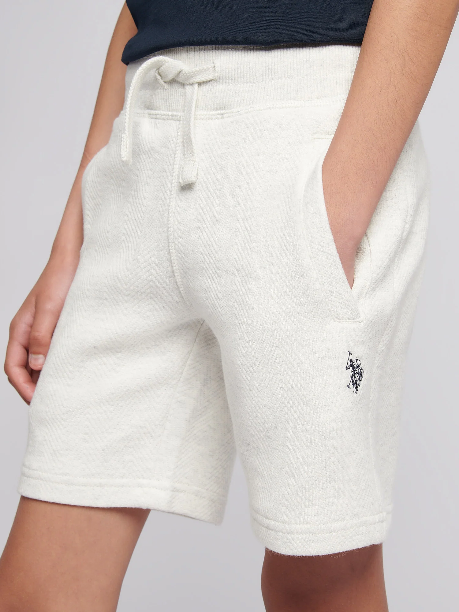 Boys Double Horsemen Herringbone Sweat Short in Light Grey Marl - Image 2