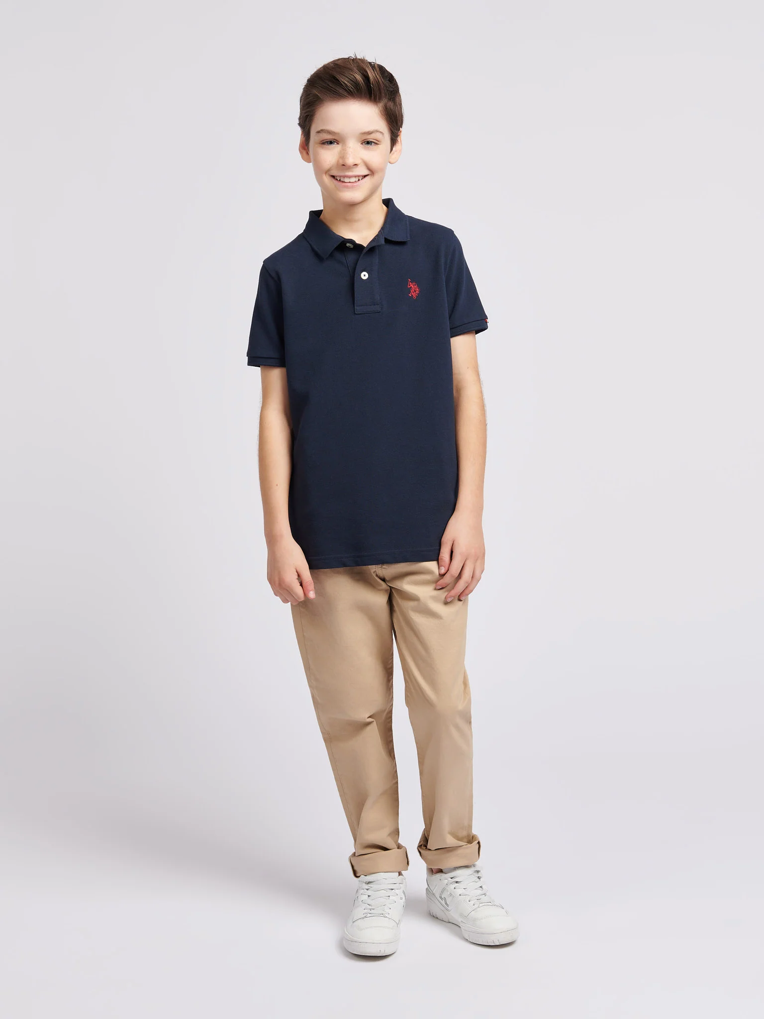 Boys Double Horsemen Polo Shirt in Dark Sapphire Navy / Haute Red DHM - Image 3