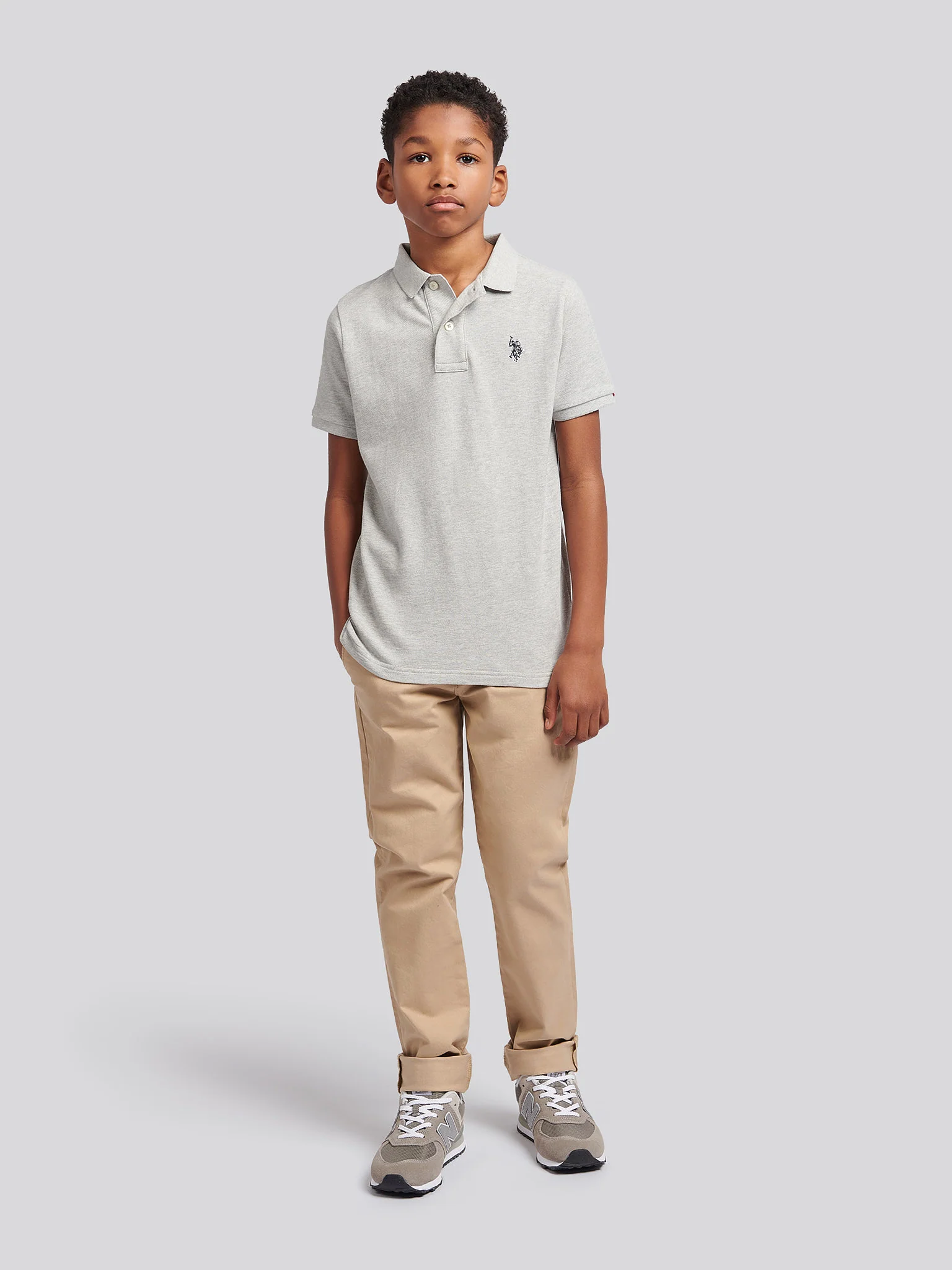 Boys Double Horsemen Polo Shirt in Mid Grey Marl - Image 3