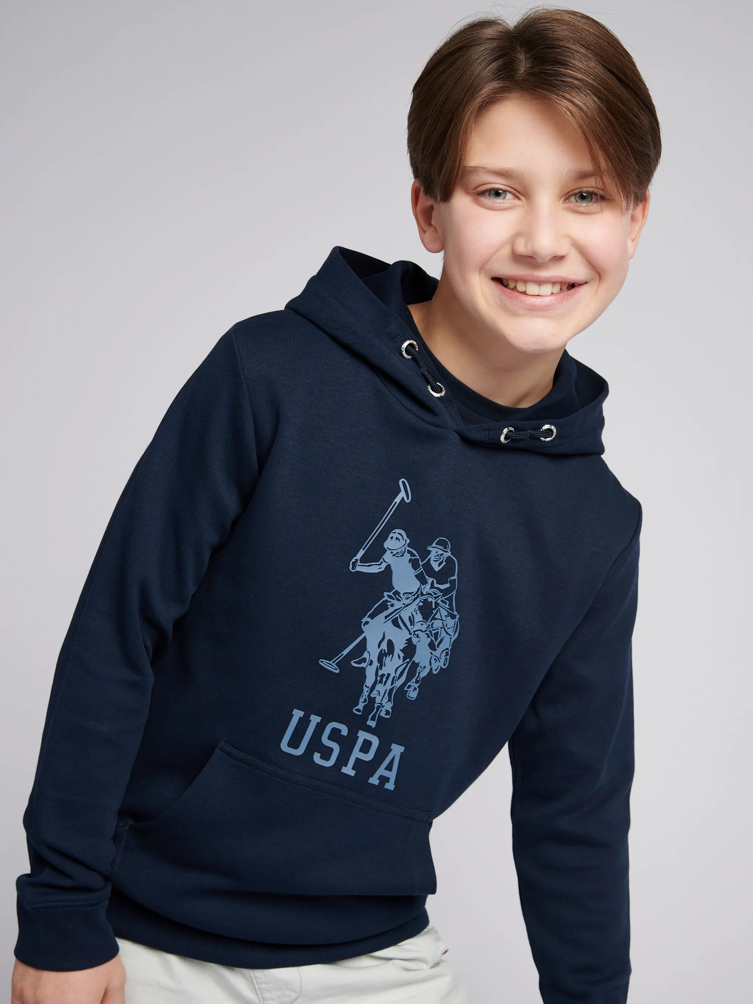 Boys Double Horsemen Statement Hoodie in Dark Sapphire Navy - Image 2