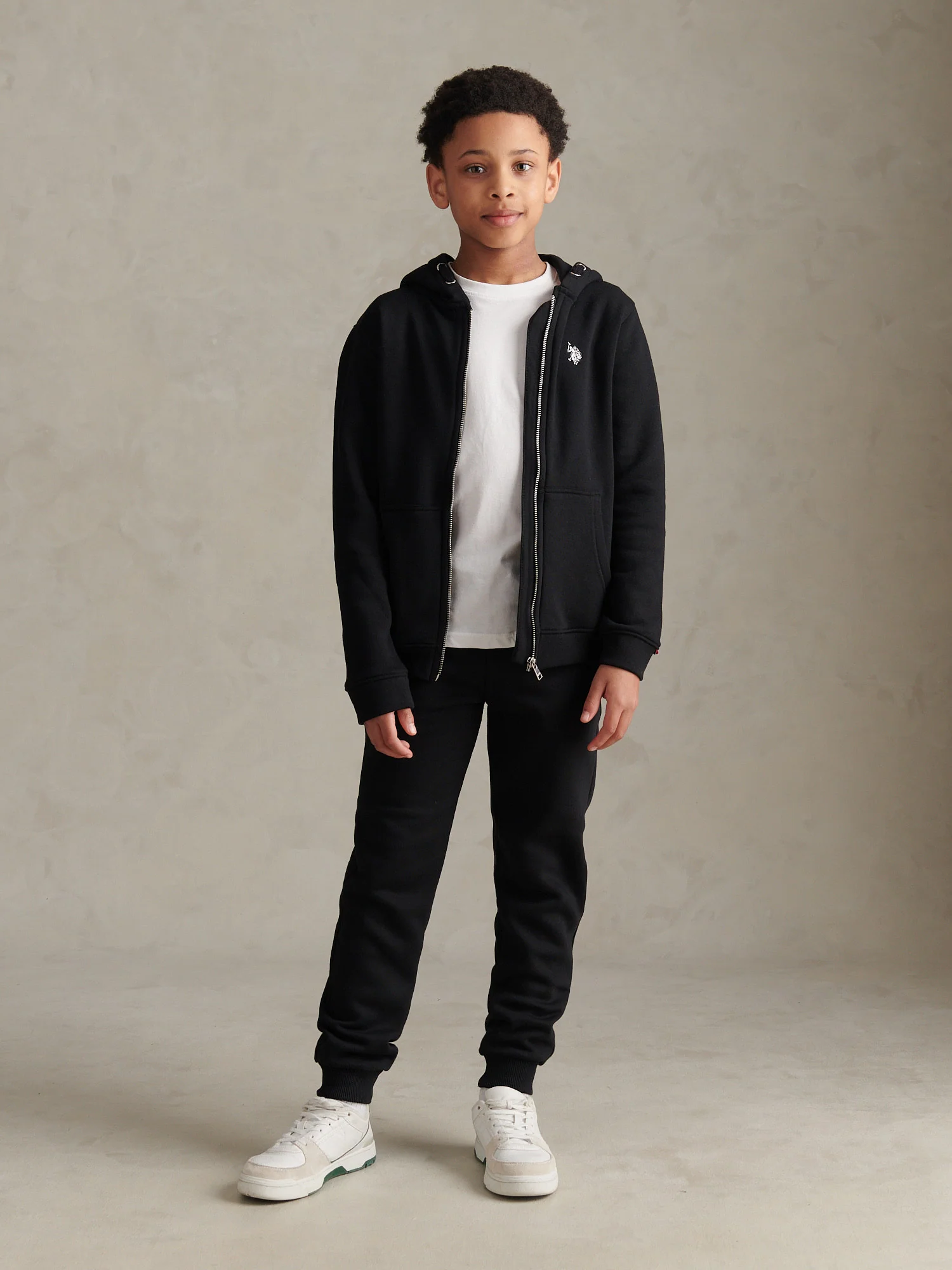 Boys Double Horsemen Zip Hoodie in Black Bright White DHM - Image 3