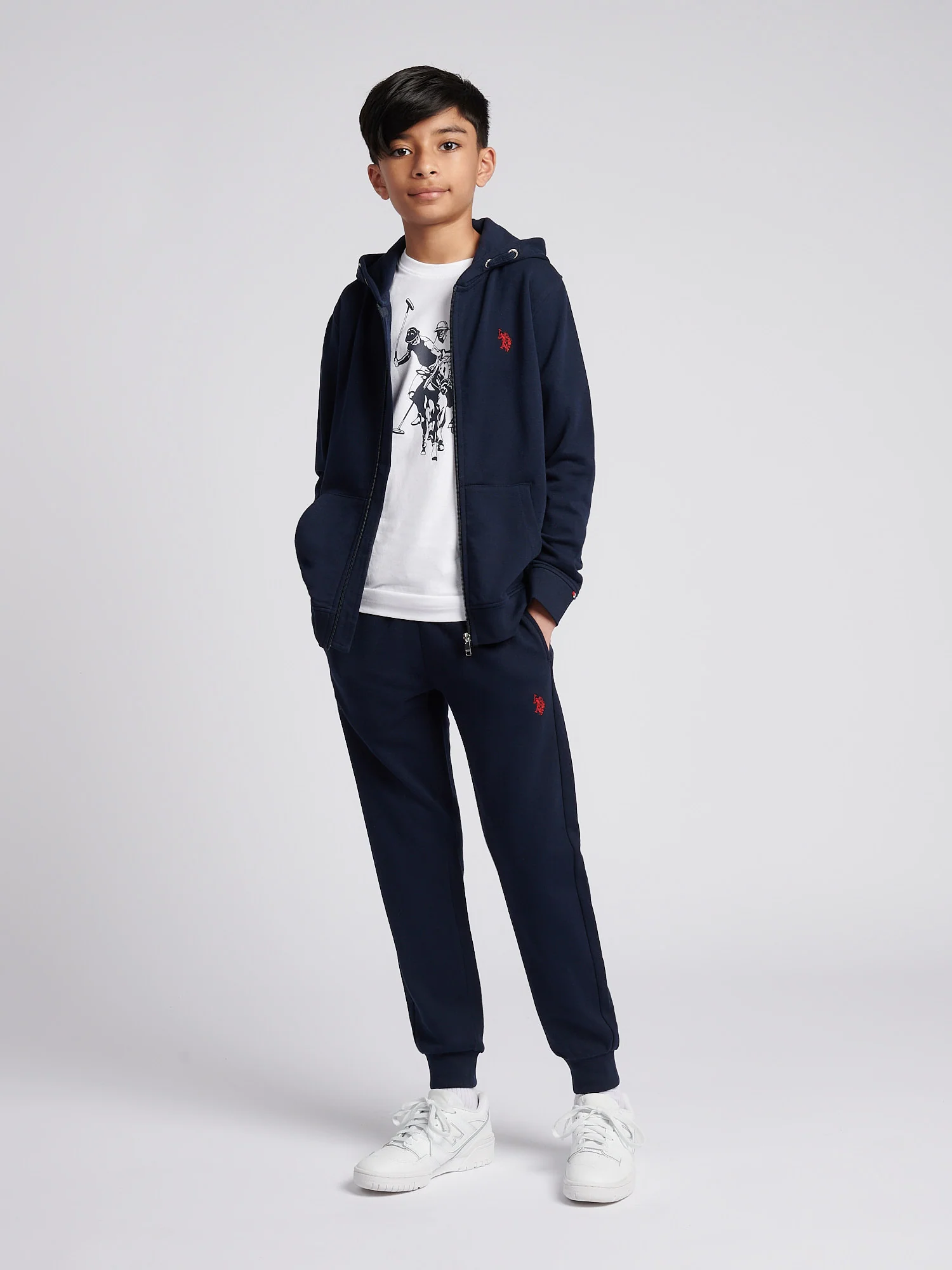 Boys Double Horsemen Zip Hoodie in Dark Sapphire Navy / Haute Red DHM - Image 3