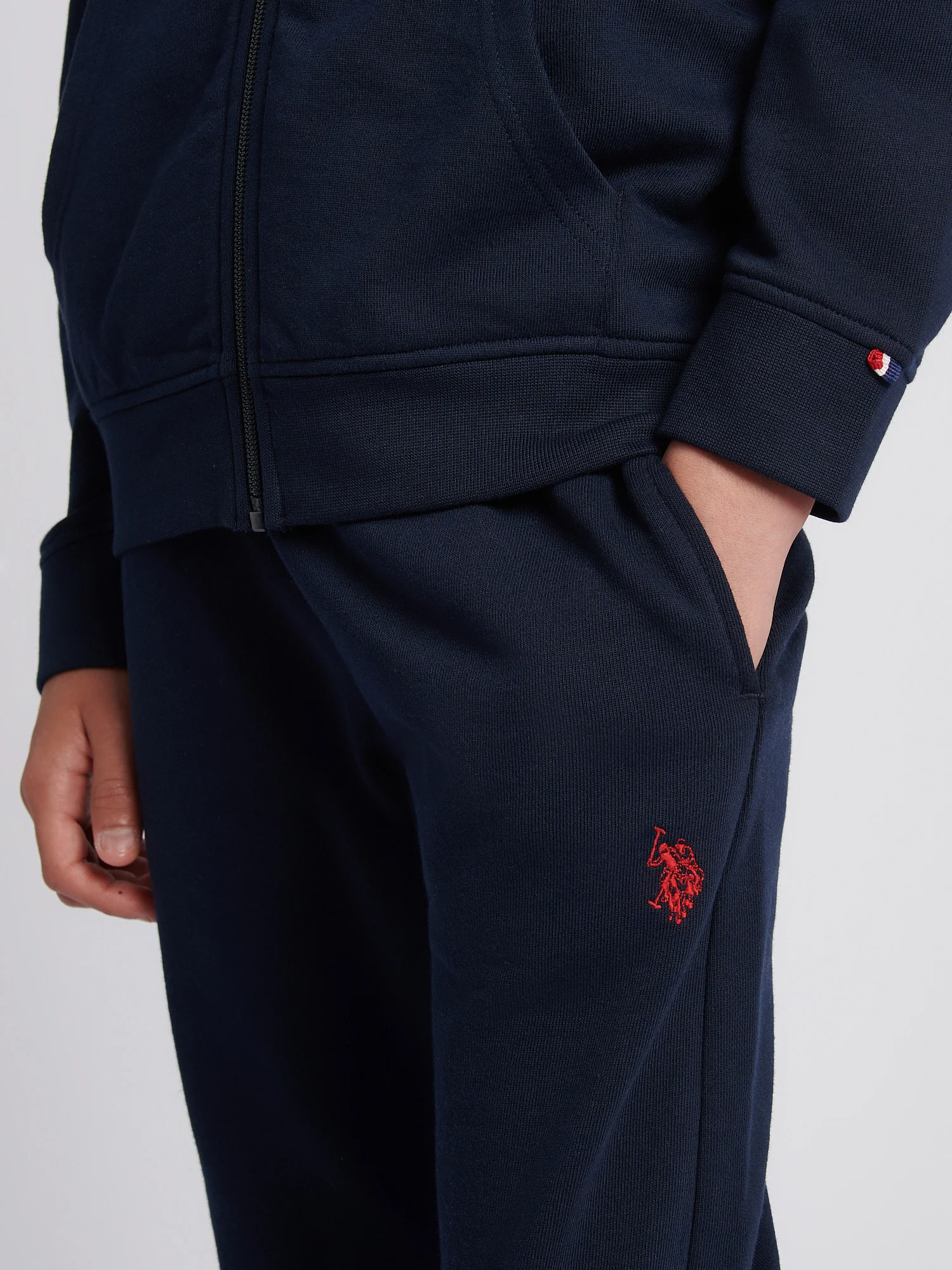 Boys Double Horsemen Zip Hoodie in Dark Sapphire Navy / Haute Red DHM - Image 5