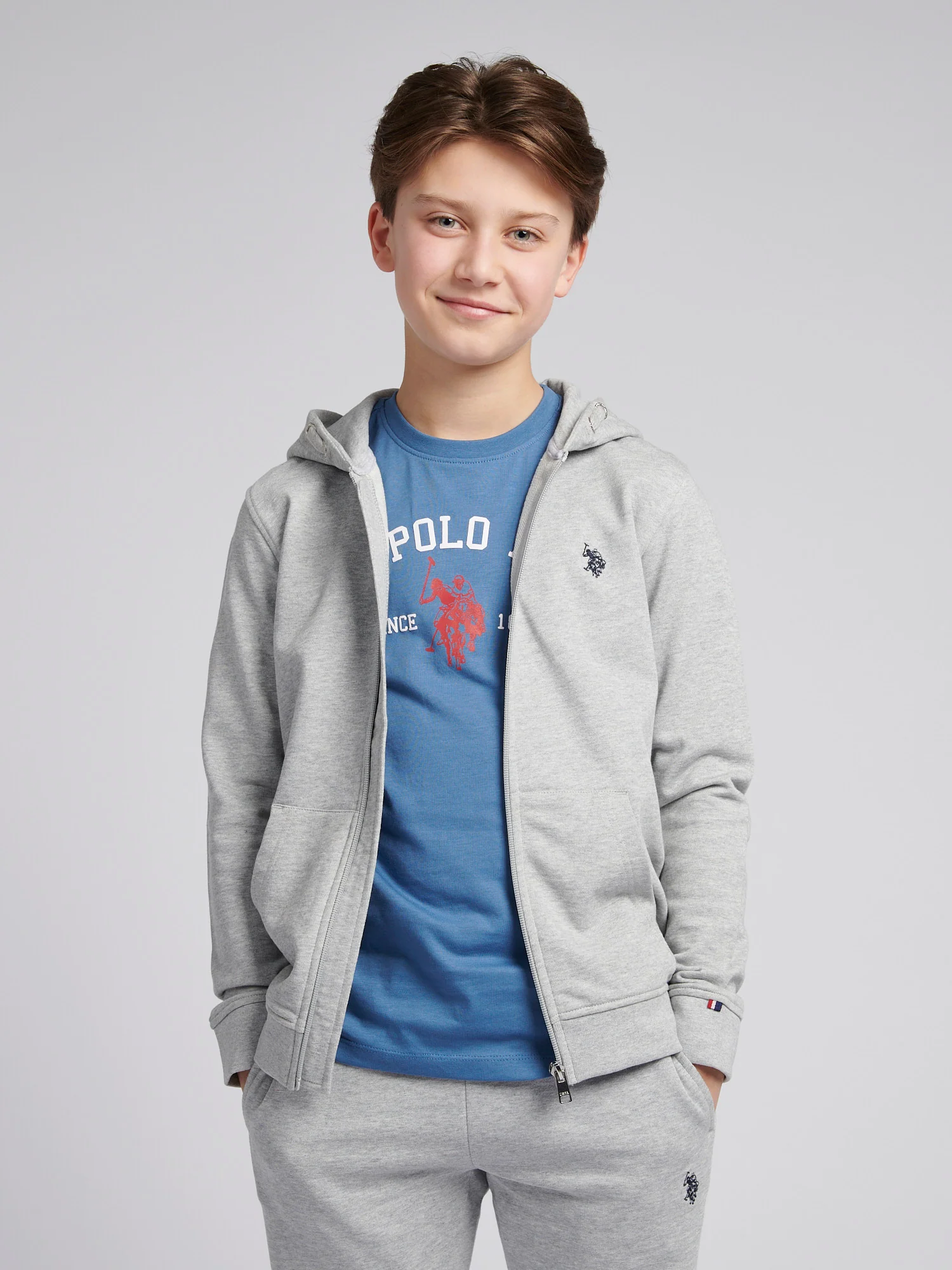 Boys Double Horsemen Zip Hoodie in Mid Grey Marl
