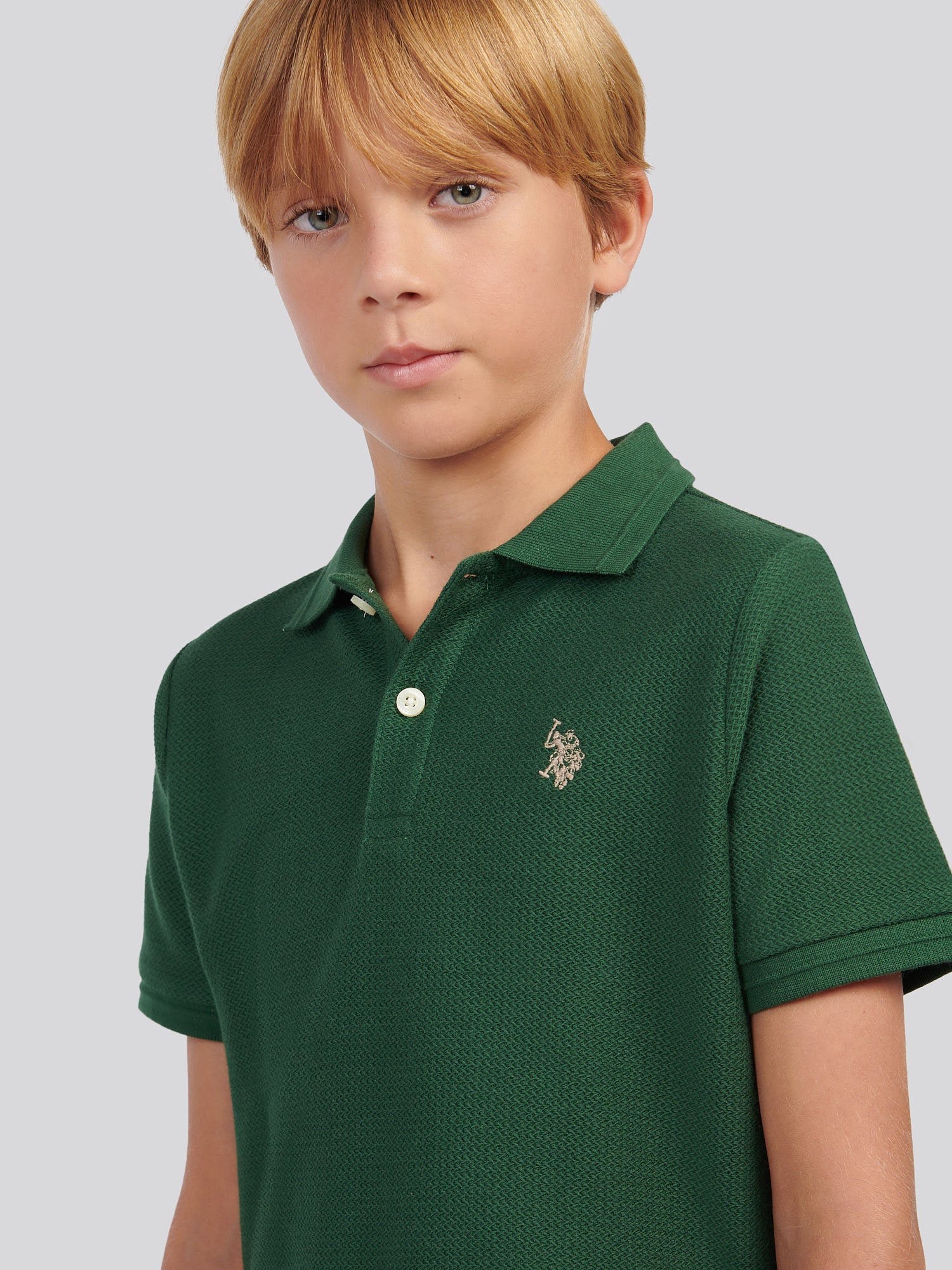 Boys Herringbone Texture Polo Shirt in Pineneedle - Image 2