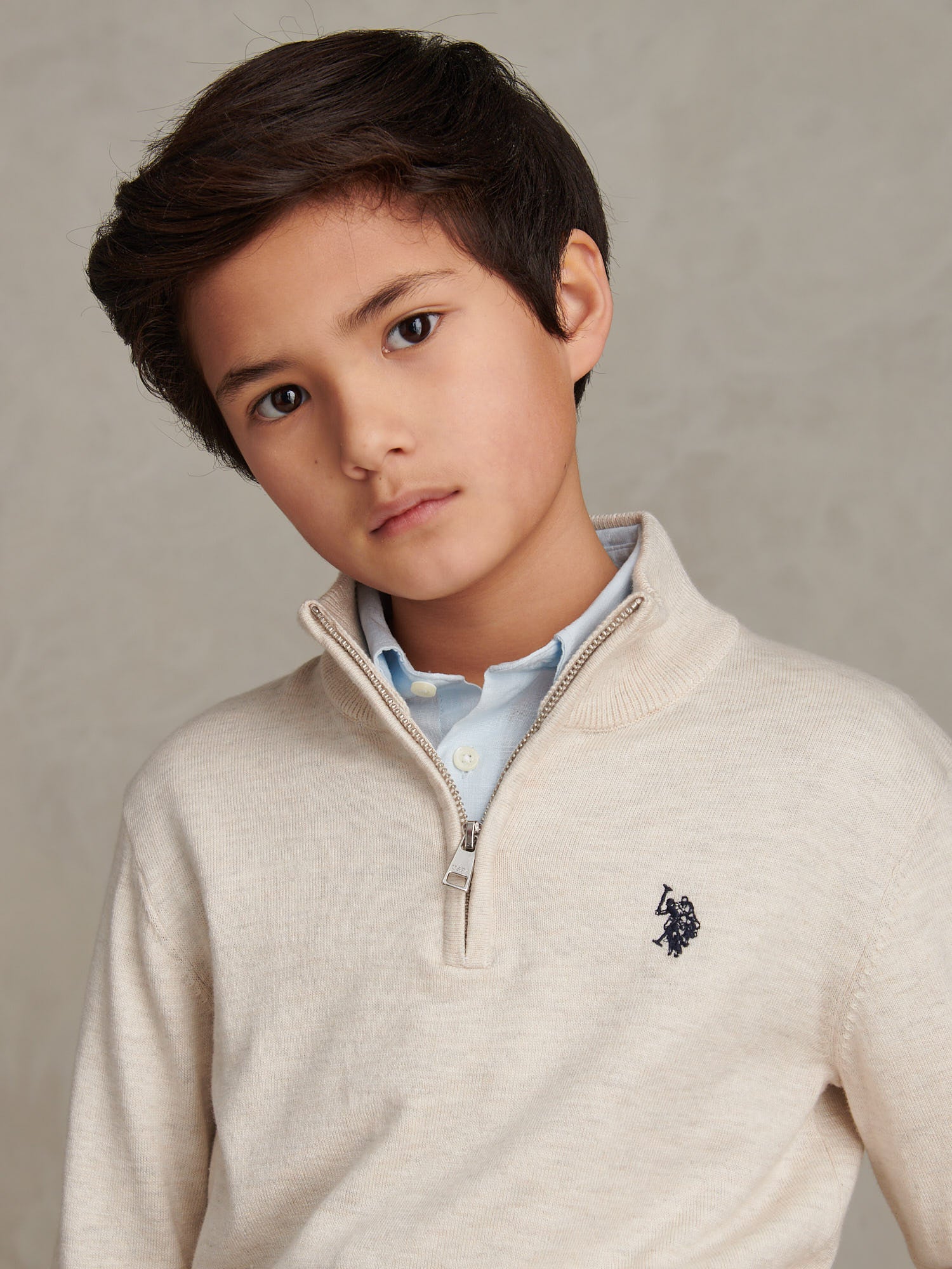 Boys Knitted Cotton Rich 1/4 Zip Birch Marl - Image 2