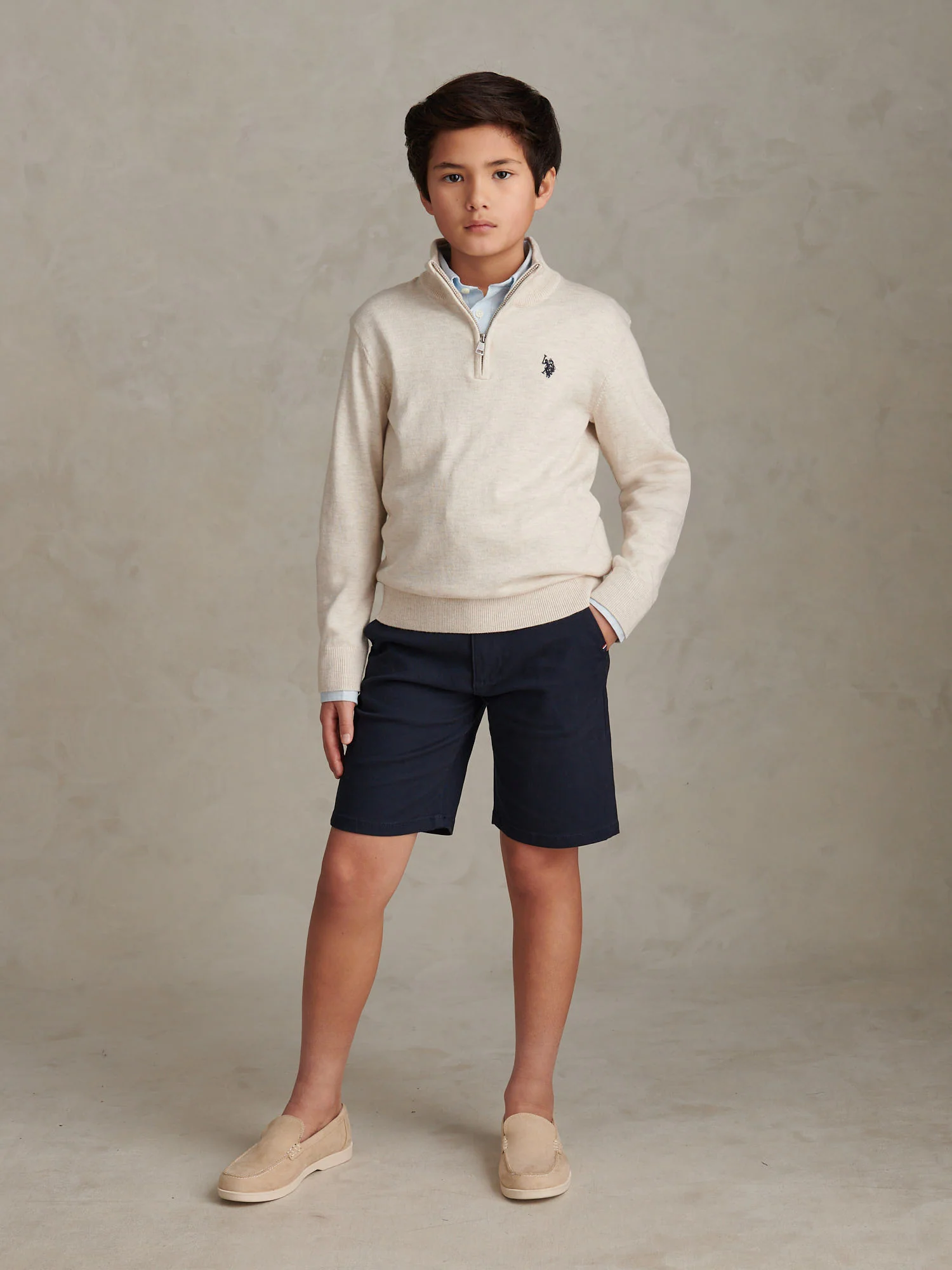 Boys Knitted Cotton Rich 1/4 Zip Birch Marl - Image 3