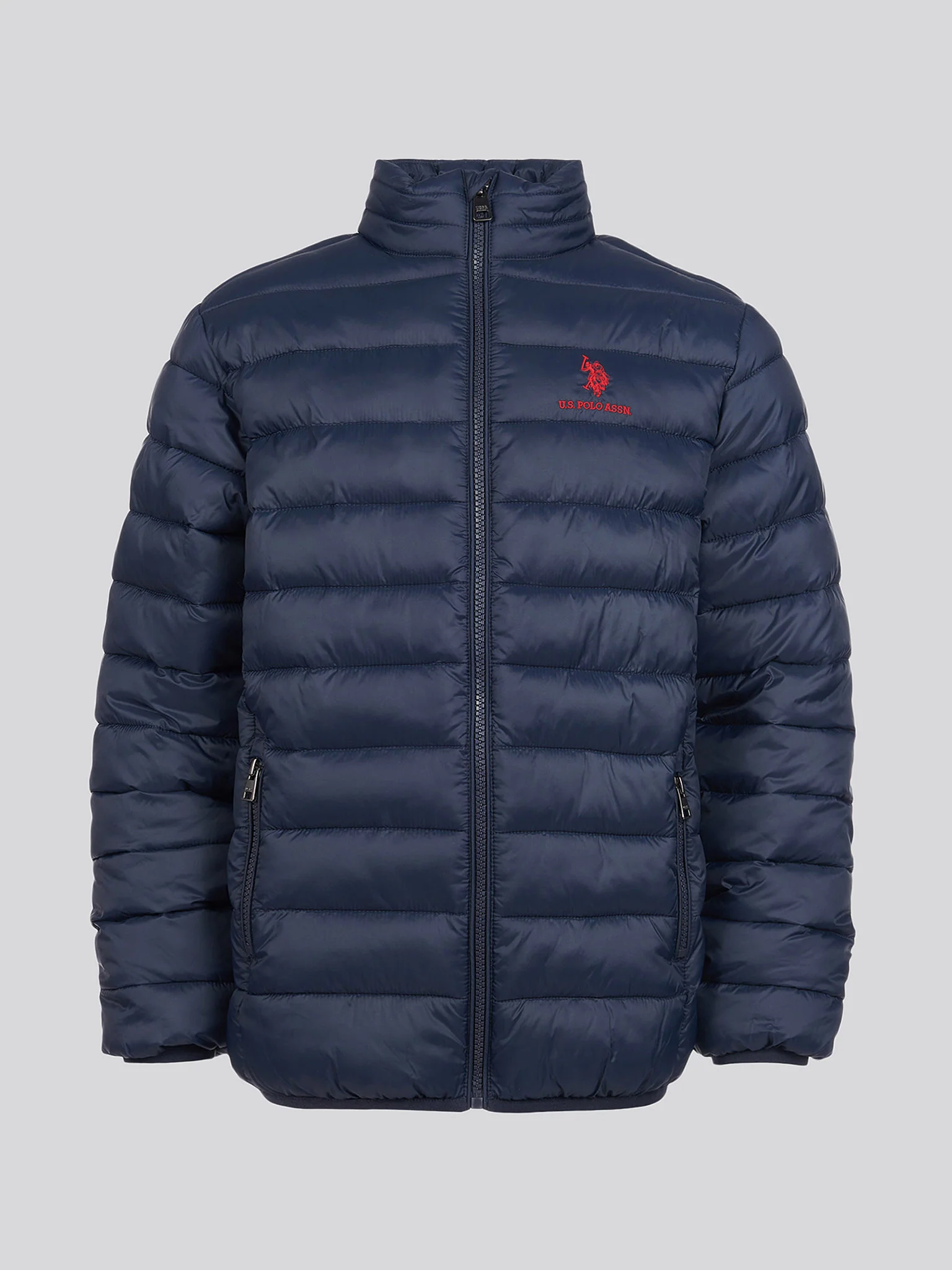 Boys Lightweight Bound Quilted Jacket in Dark Sapphire Navy / Haute Red DHM - Image 6