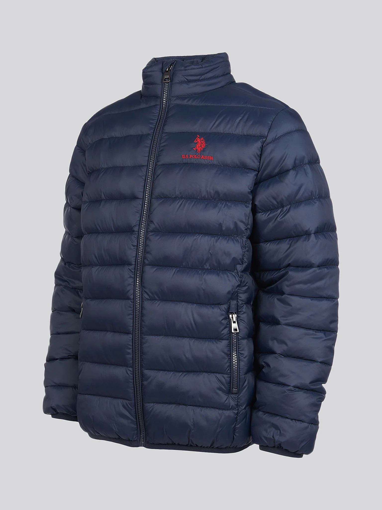 Boys Lightweight Bound Quilted Jacket in Dark Sapphire Navy / Haute Red DHM - Image 7