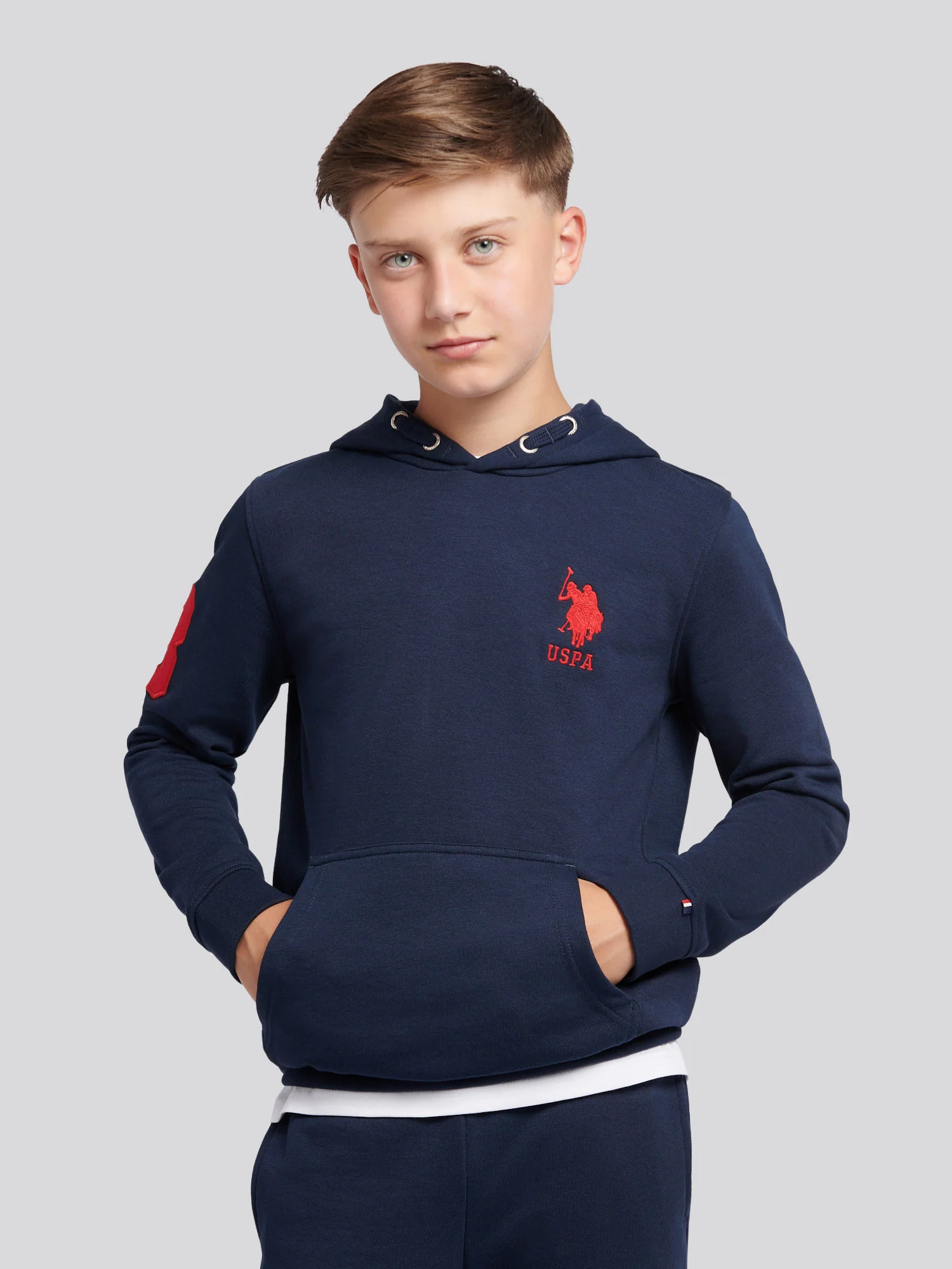 Boys Player 3 Brush Back Hoodie in Dark Sapphire Navy / Haute Red DHM - Image 6