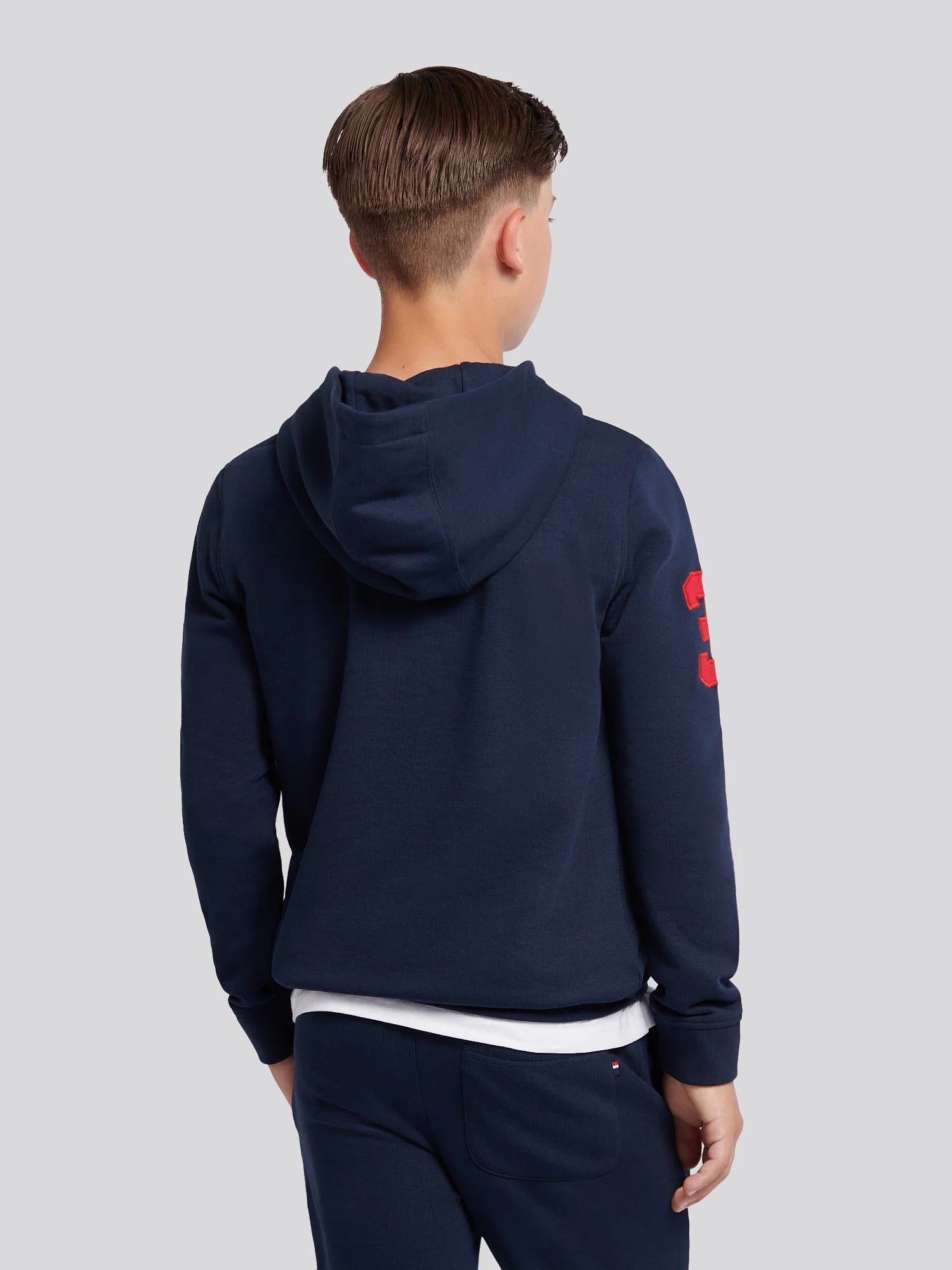 Boys Player 3 Hoodie in Dark Sapphire Navy / Haute Red DHM - Image 4