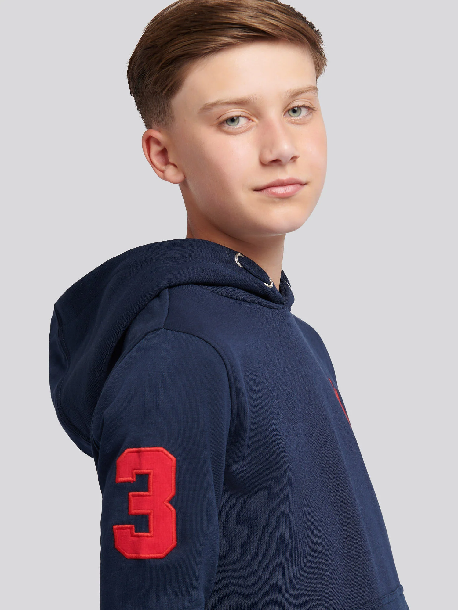 Boys Player 3 Hoodie in Dark Sapphire Navy / Haute Red DHM - Image 5