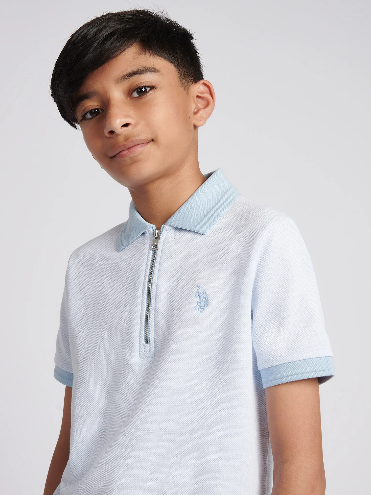 Boys Smart Two Tone Zip Polo Shirt Chambray Blue - Image 2