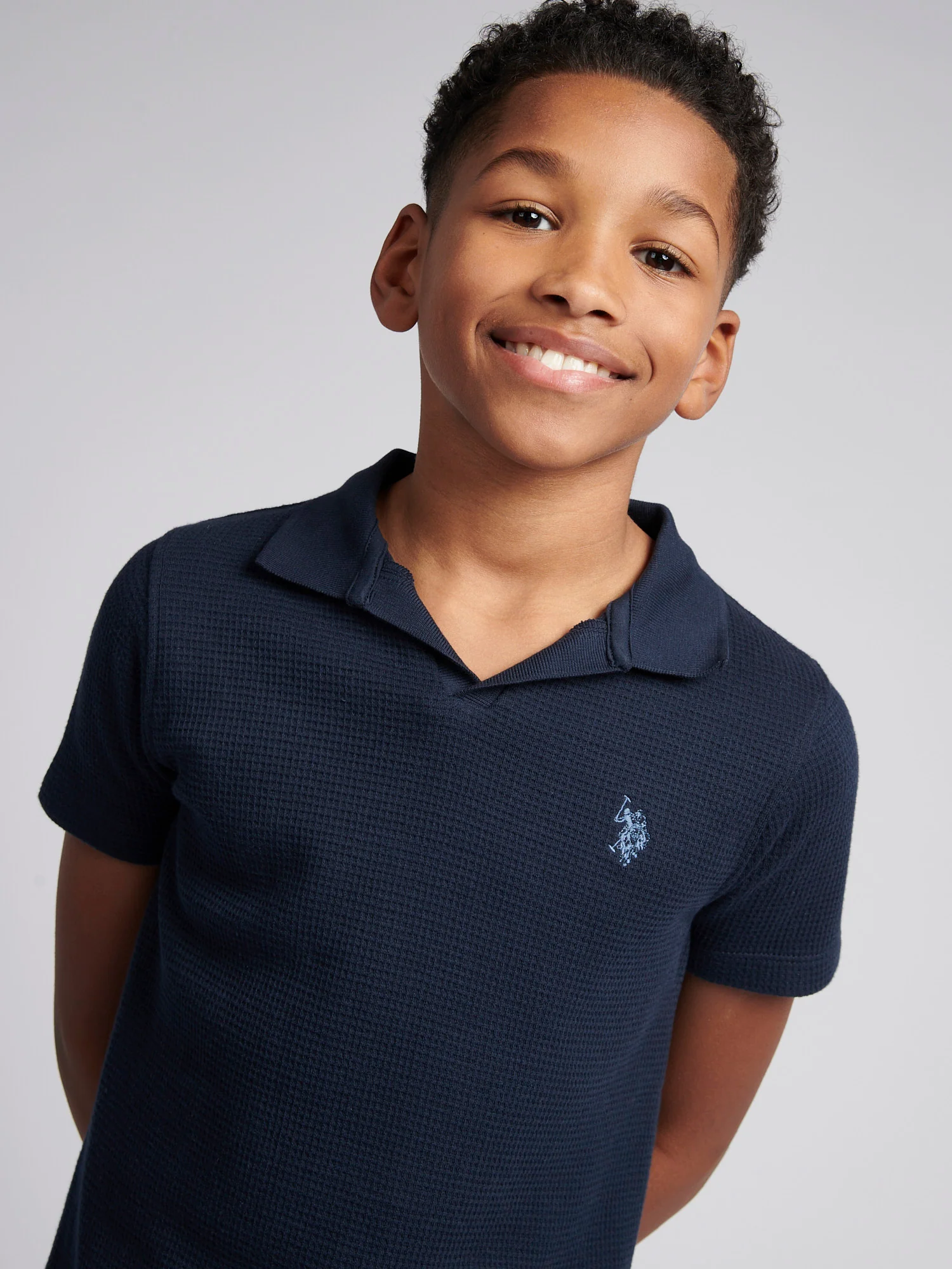Boys Waffle Texture Open Collar Polo Shirt in Dark Sapphire Navy / Moonlight Blue DHM - Image 2