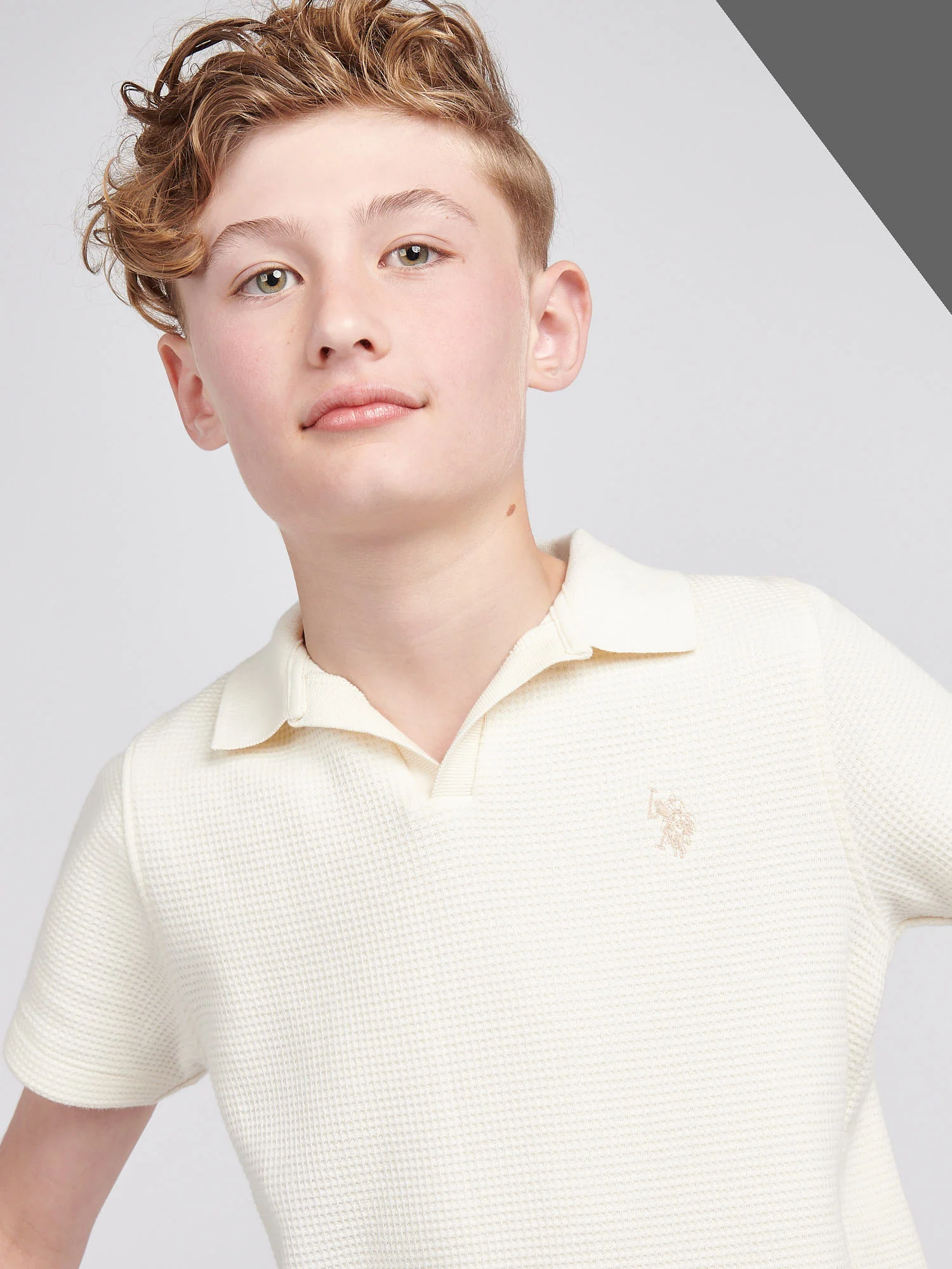 Boys Waffle Texture Open Collar Polo Shirt in Whisper White - Image 2