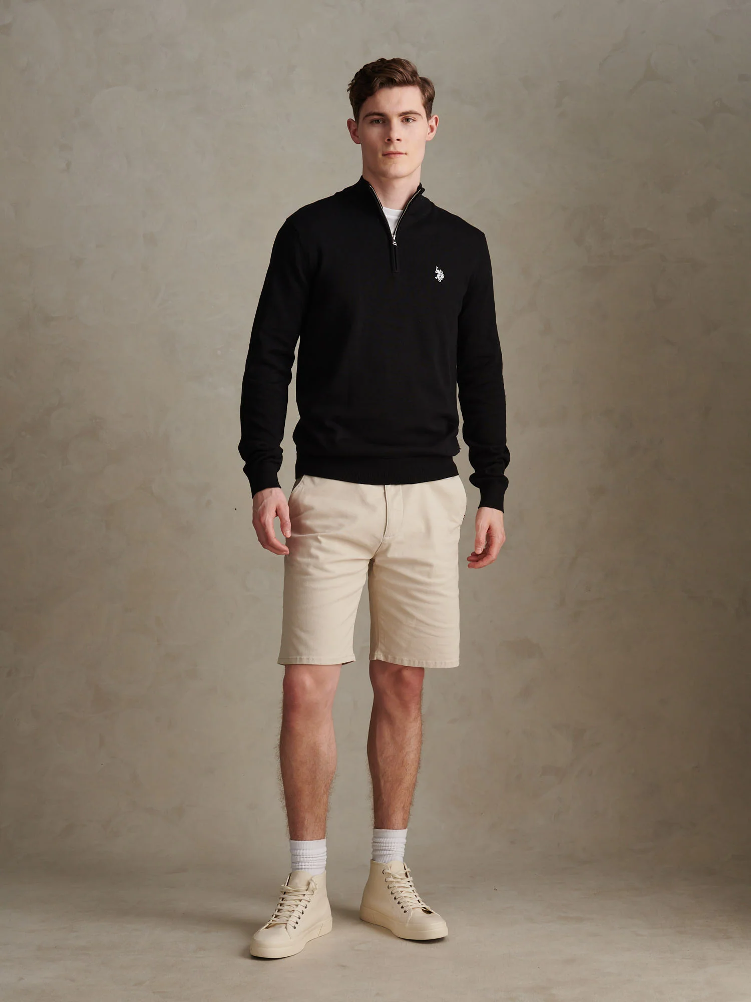 Mens Cotton Quarter Zip Funnel Jumper Black Bright White DHM - Image 3