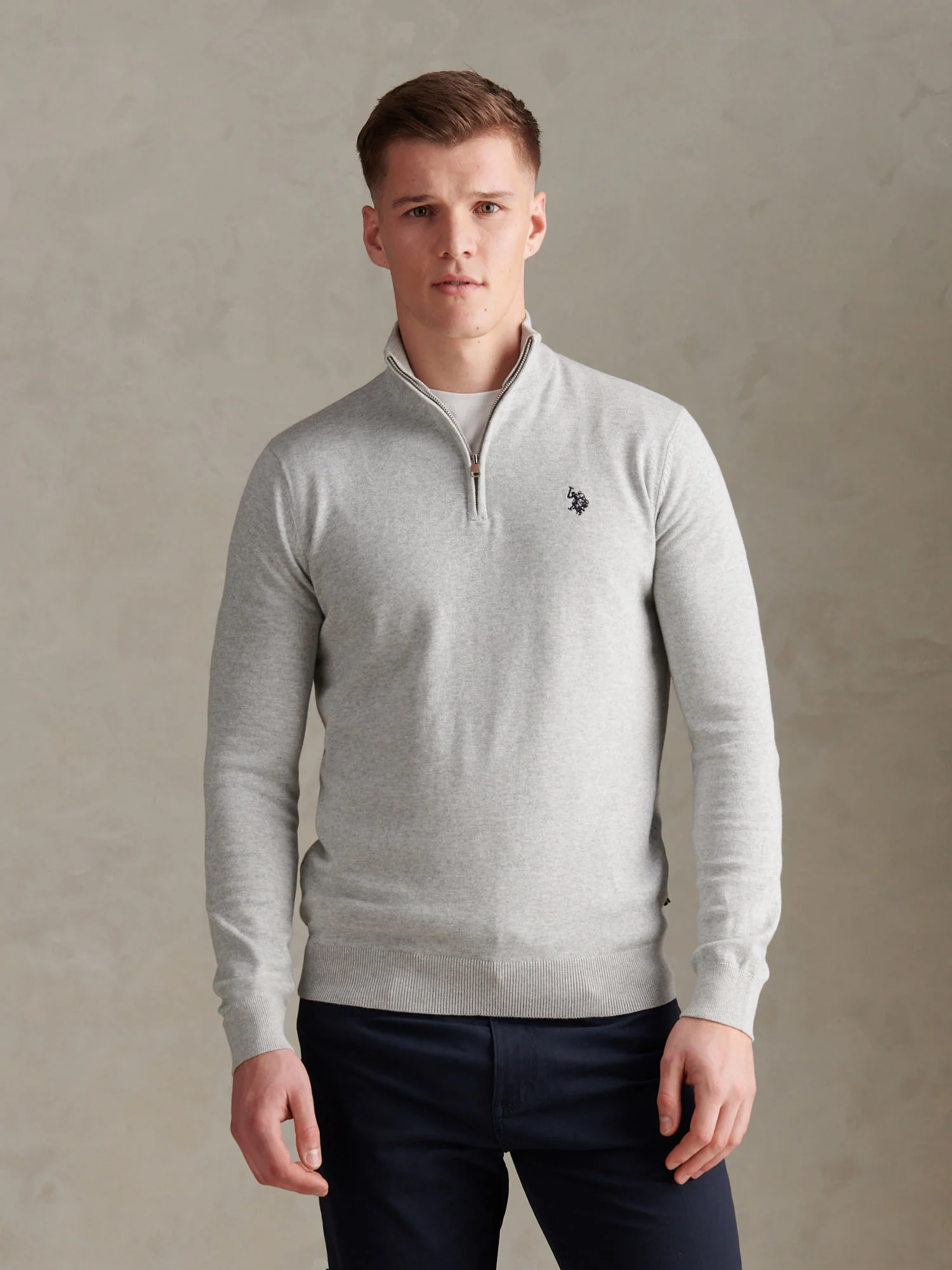 Mens Cotton Quarter Zip Funnel Jumper Mid Grey Marl
