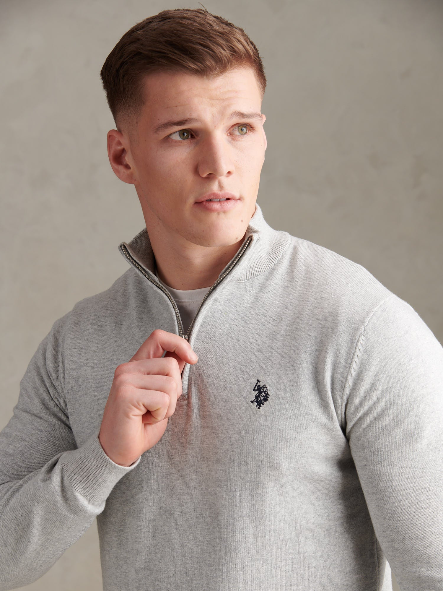 Mens Cotton Quarter Zip Funnel Jumper Mid Grey Marl - Image 2