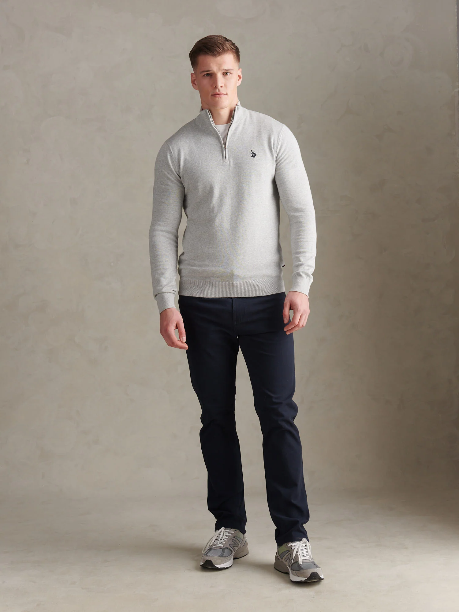Mens Cotton Quarter Zip Funnel Jumper Mid Grey Marl - Image 3