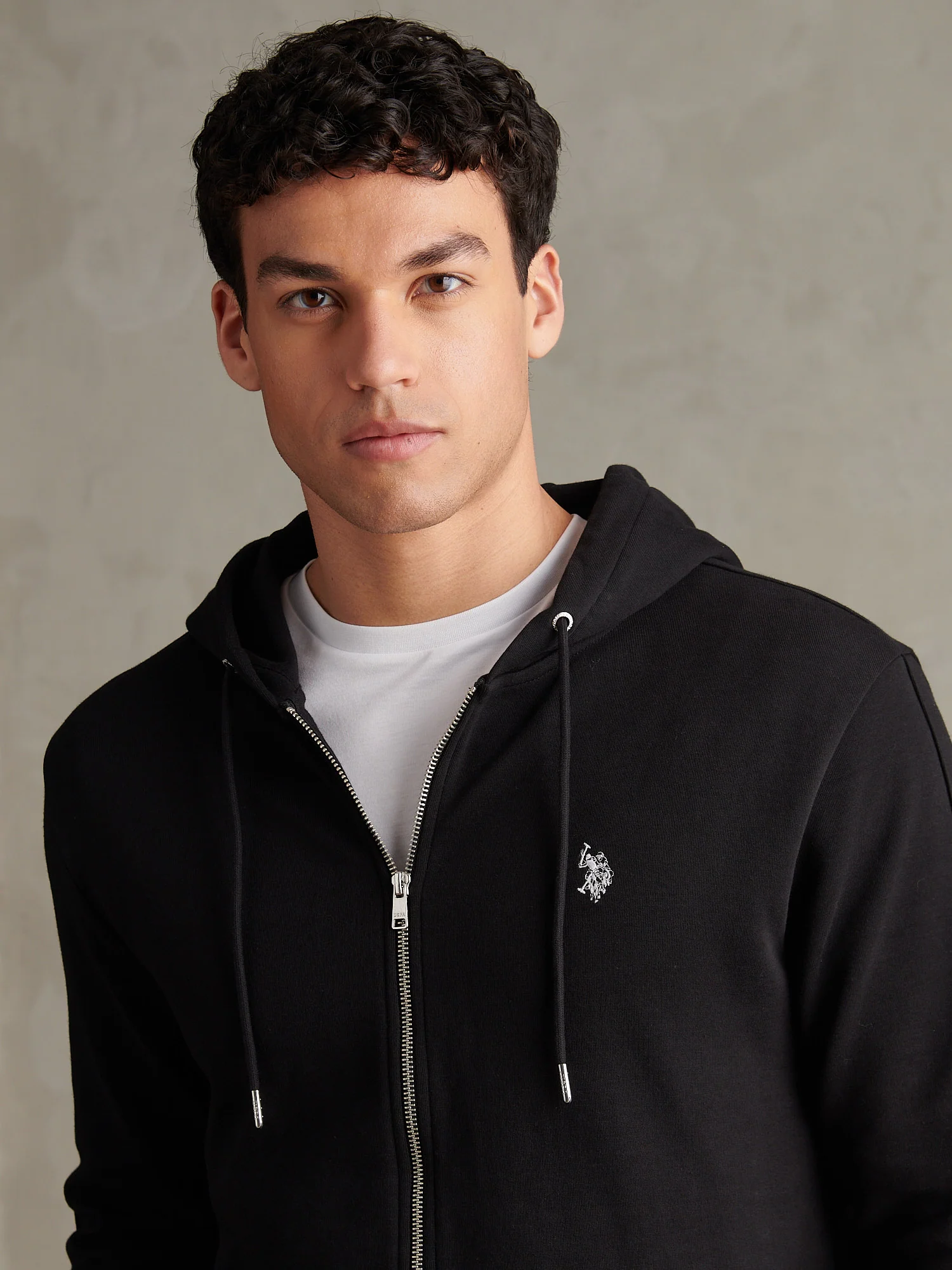 Mens Double Horsemen Interlock Zip Hoodie Black Bright White DHM - Image 2