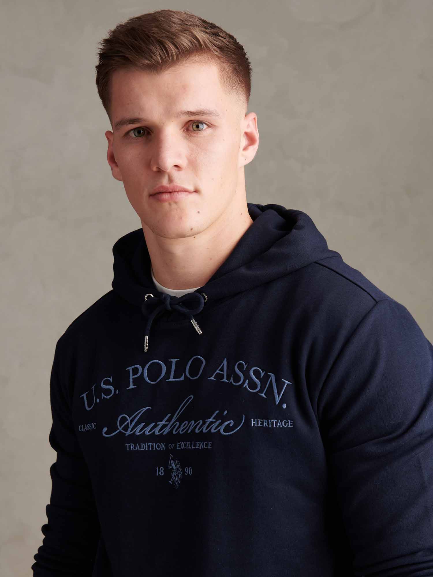 Mens Drop Shoulder Arch Script Hoodie Dark Sapphire Navy - Image 2