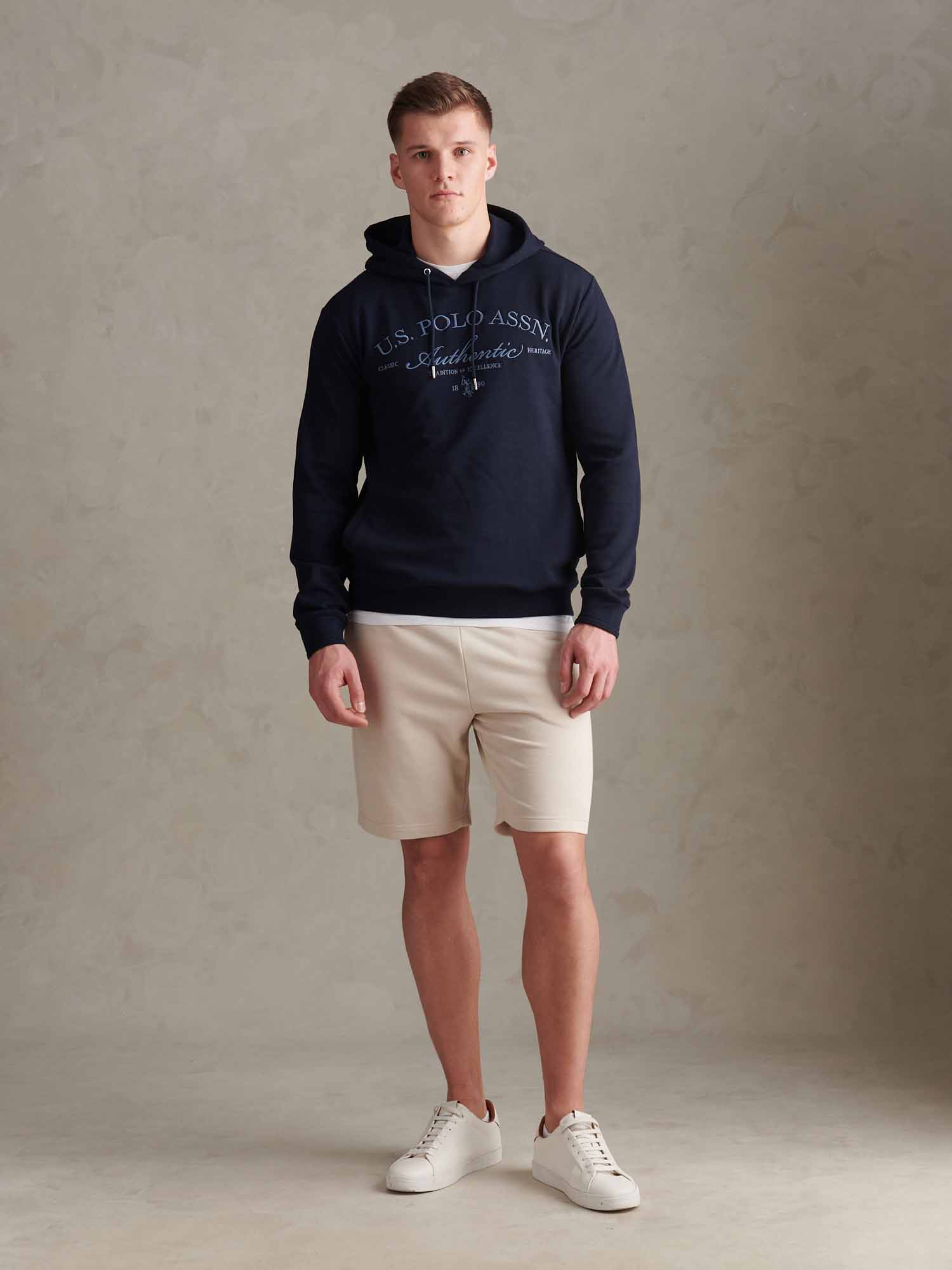 Mens Drop Shoulder Arch Script Hoodie Dark Sapphire Navy - Image 3