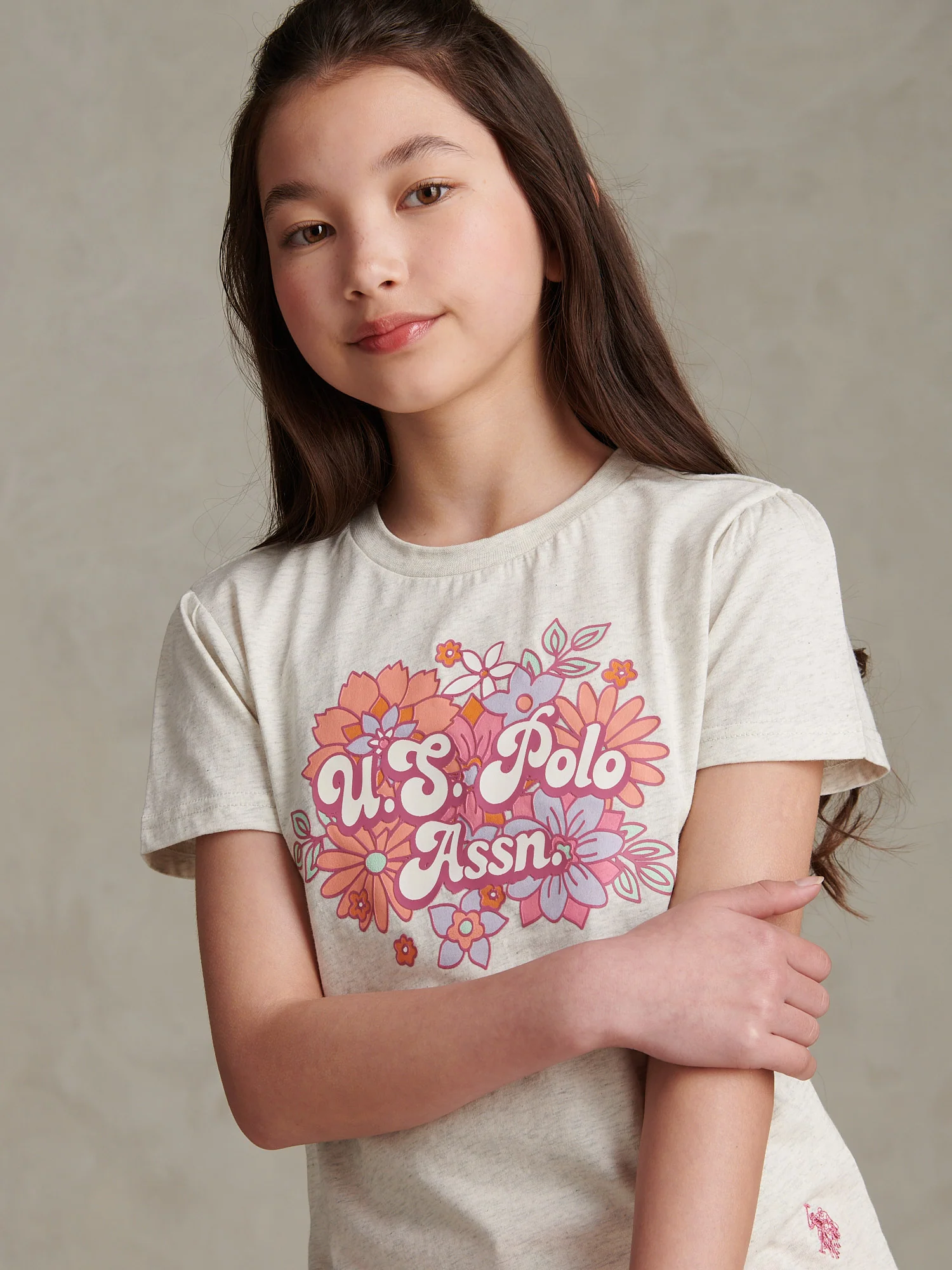 Girls Floral Graphic Puff Sleeve T-Shirt Light Grey Marl WUP - Image 2