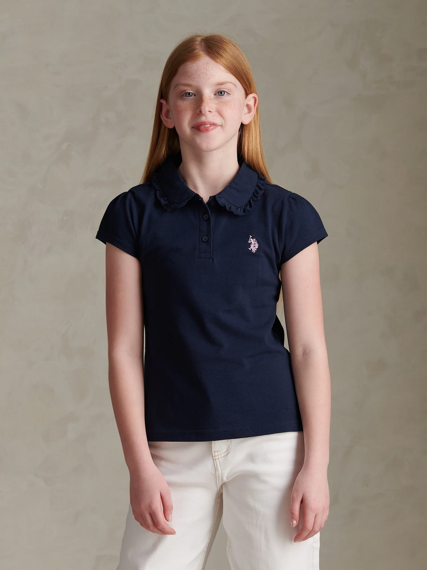 Girls Frill Collar Pique Polo Shirt Navy Iris