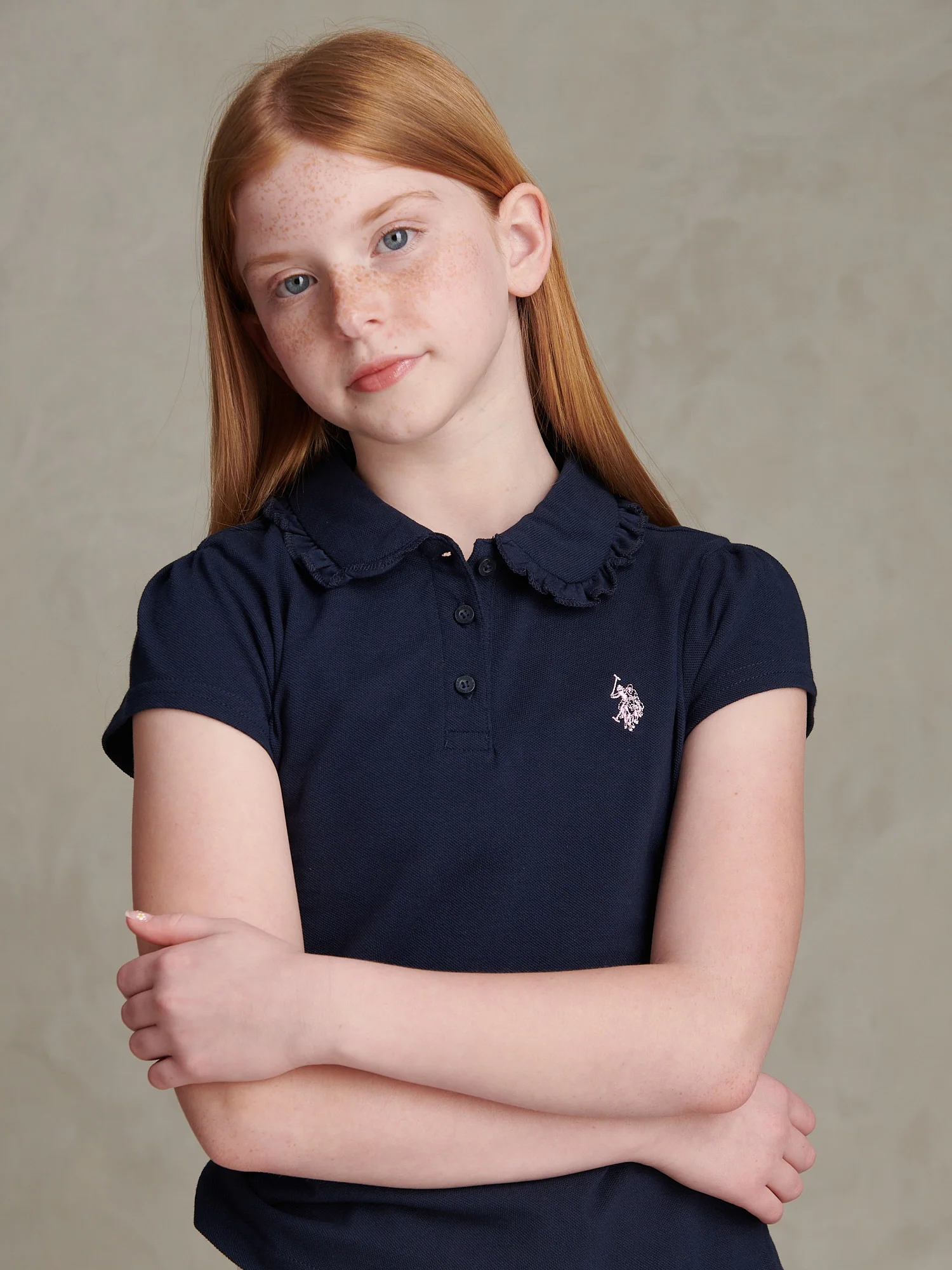 Girls Frill Collar Pique Polo Shirt Navy Iris - Image 2