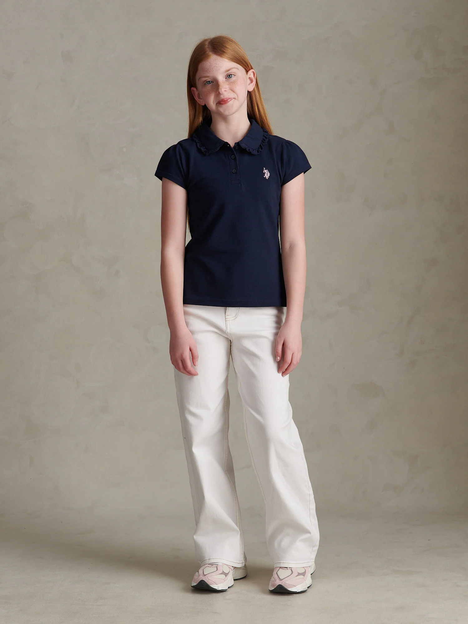 Girls Frill Collar Pique Polo Shirt Navy Iris - Image 3
