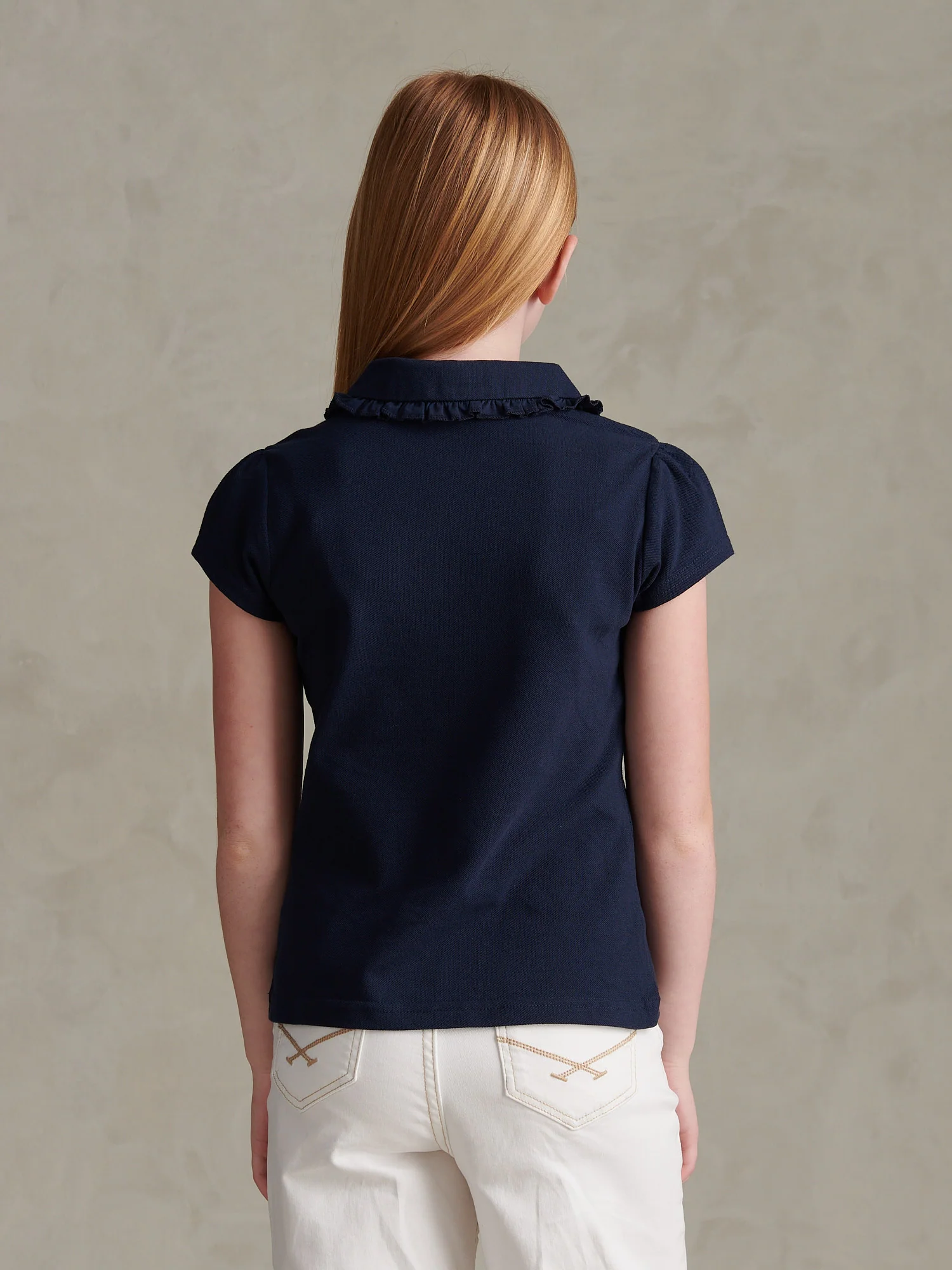 Girls Frill Collar Pique Polo Shirt Navy Iris - Image 4