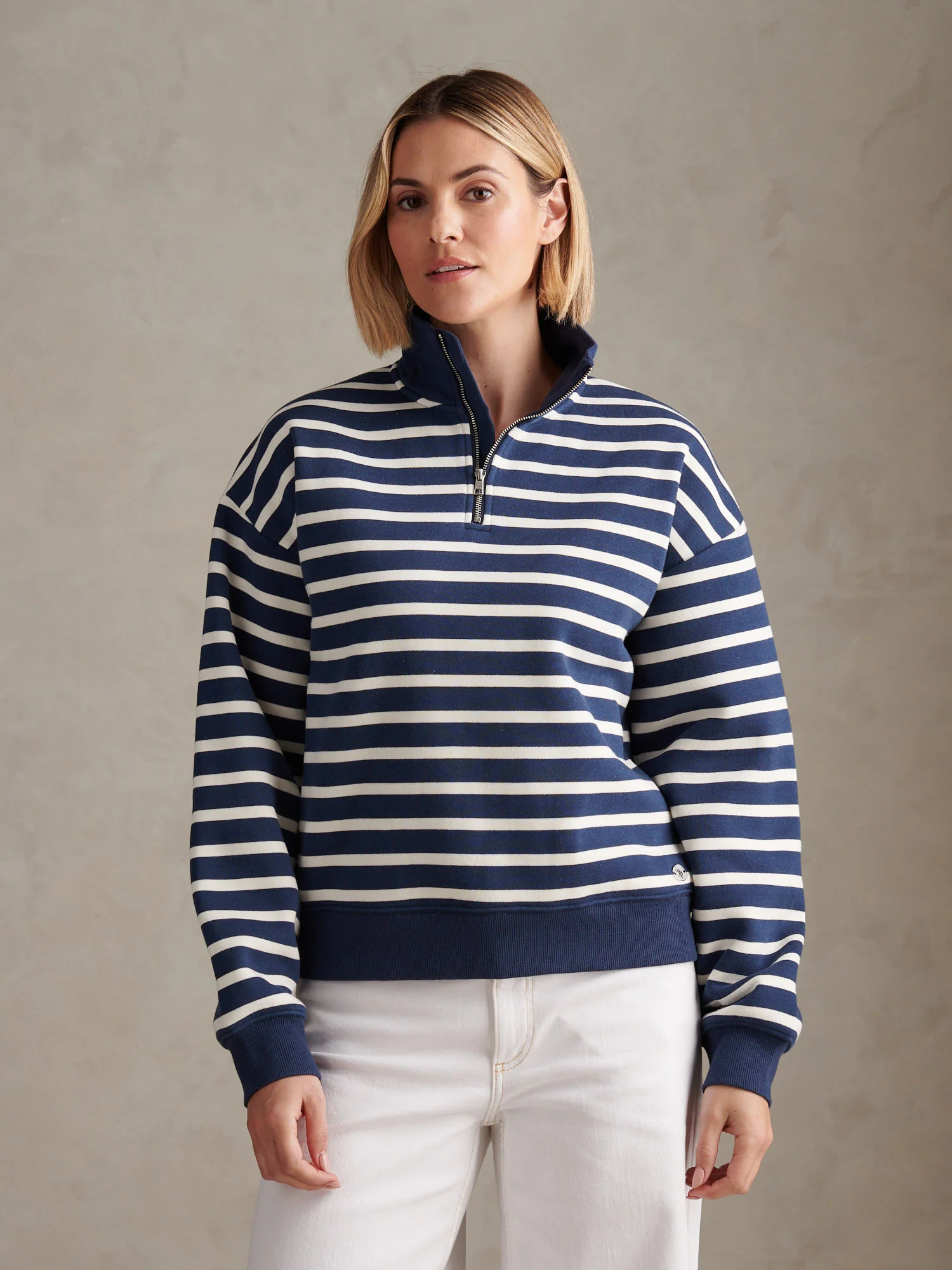 Womens Funnel Neck Stripe Sweatshirt Navy Iris