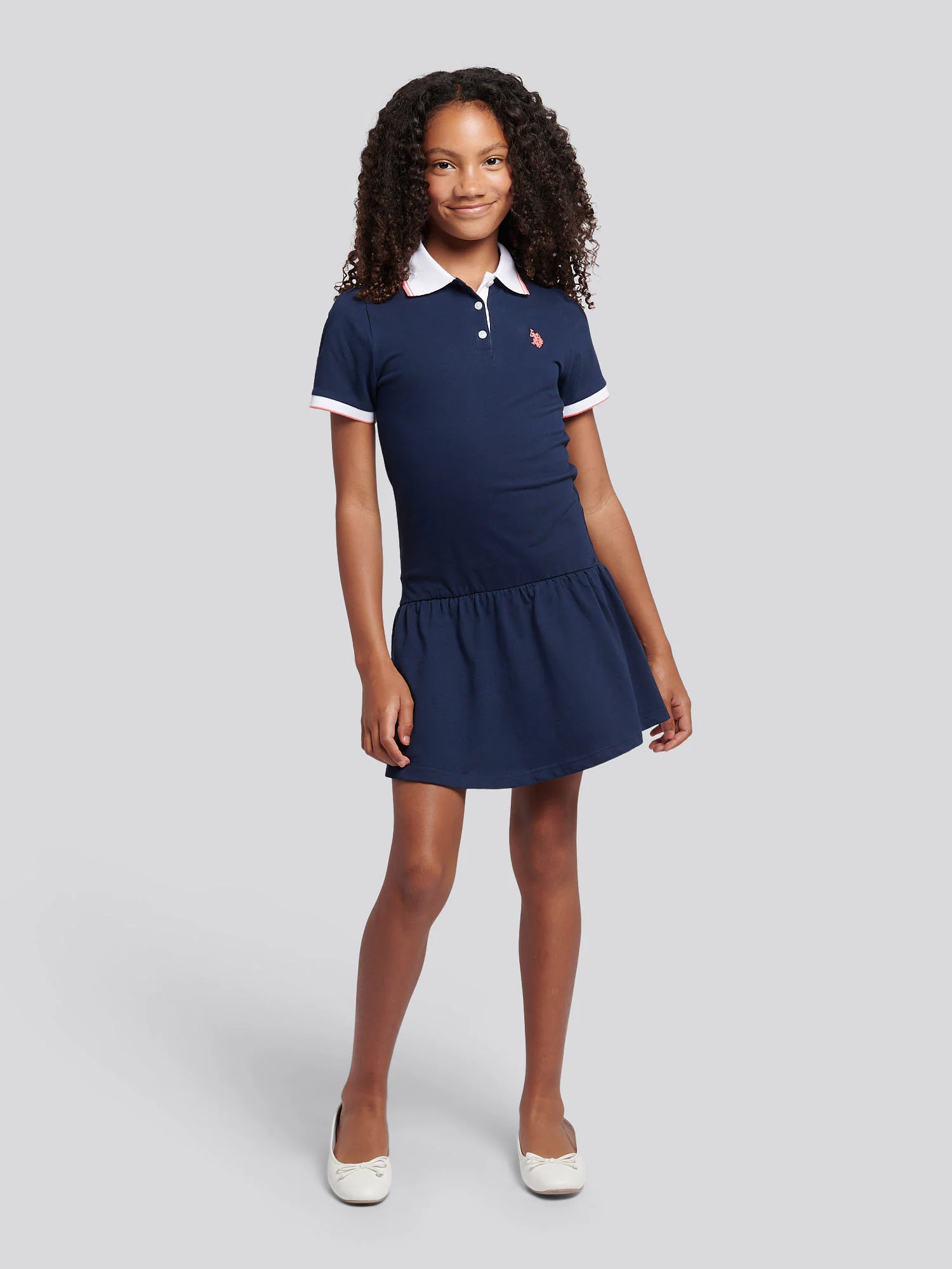 Girls Fril Skirt Polo Dress in Navy Iris