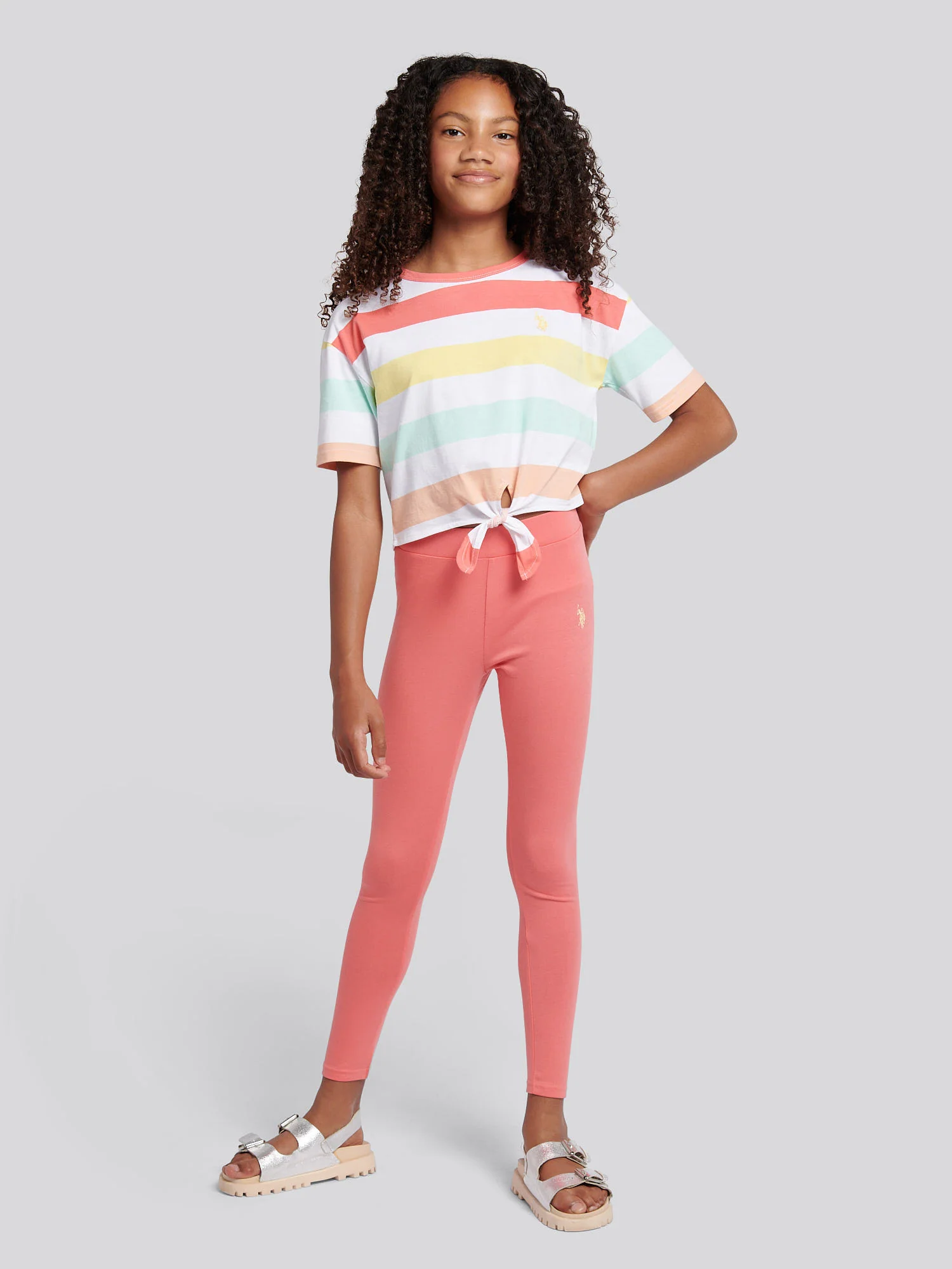 Girls Stripe T-Shirt & Legging Set in Sugar Coral
