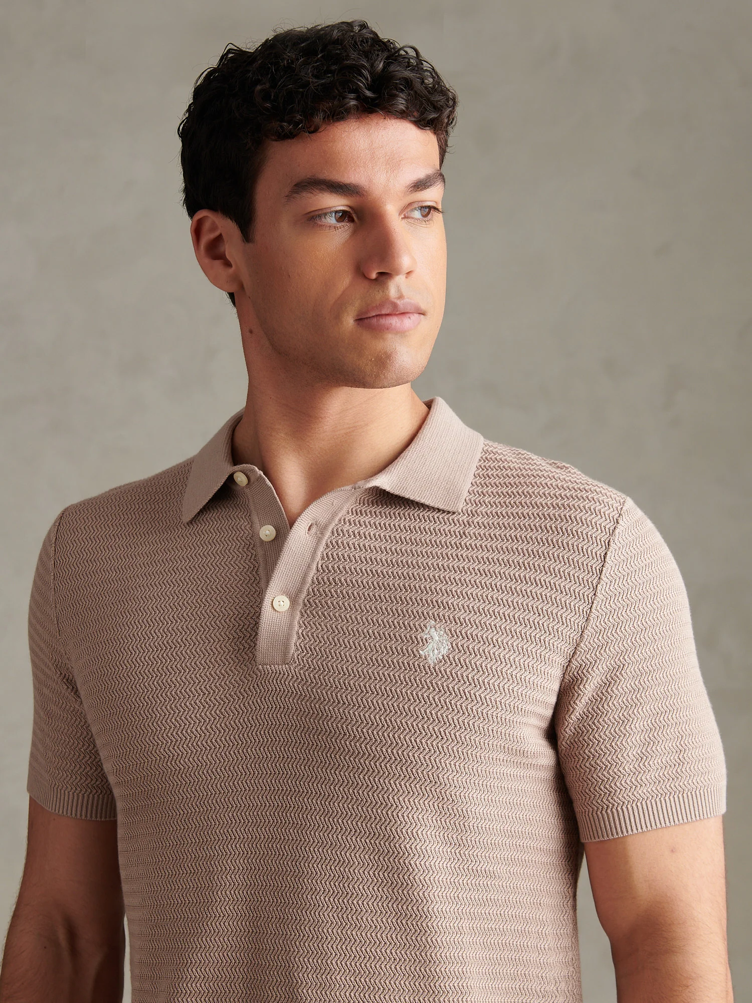Mens Herringbone Texture Knit Polo Shirt Atmosphere - Image 2