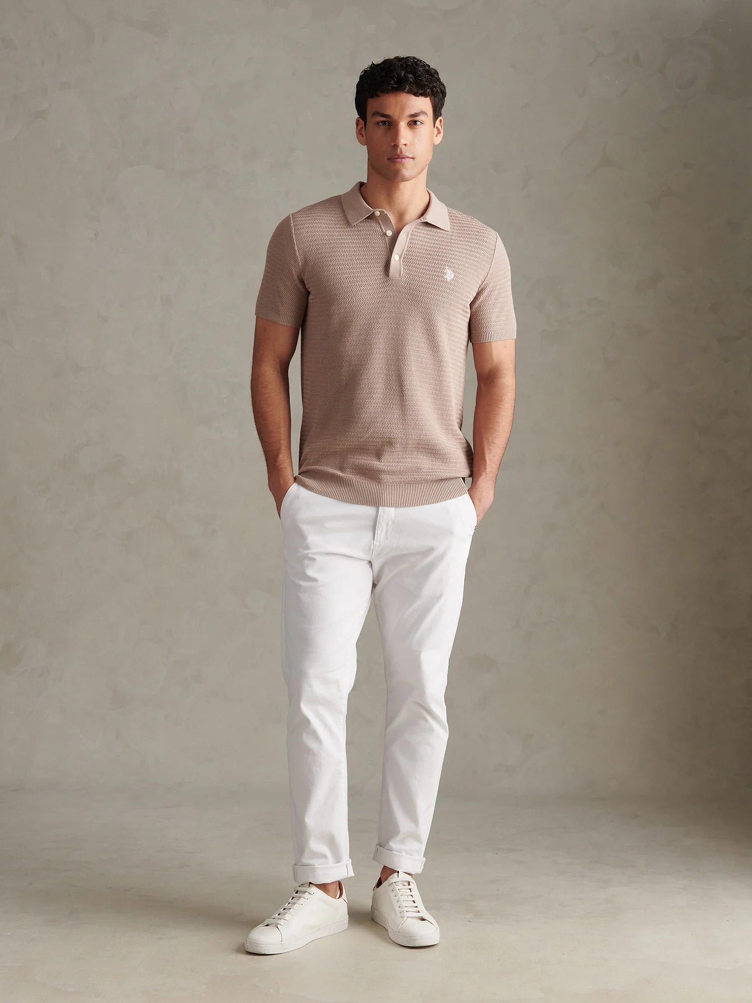 Mens Herringbone Texture Knit Polo Shirt Atmosphere - Image 3