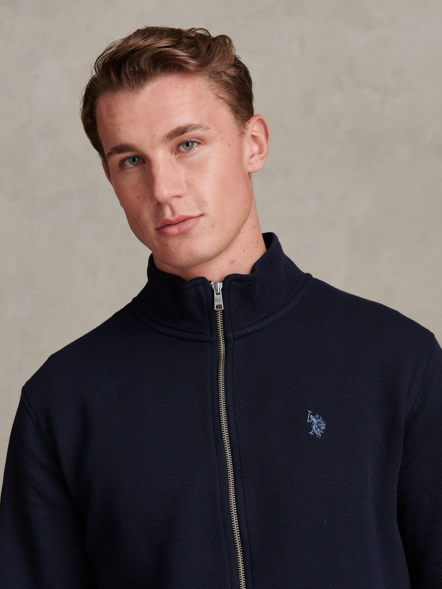 Mens Herringbone Zip Funnel Sweatshirt Dark Sapphire Navy / Moonlight Blue DHM - Image 2