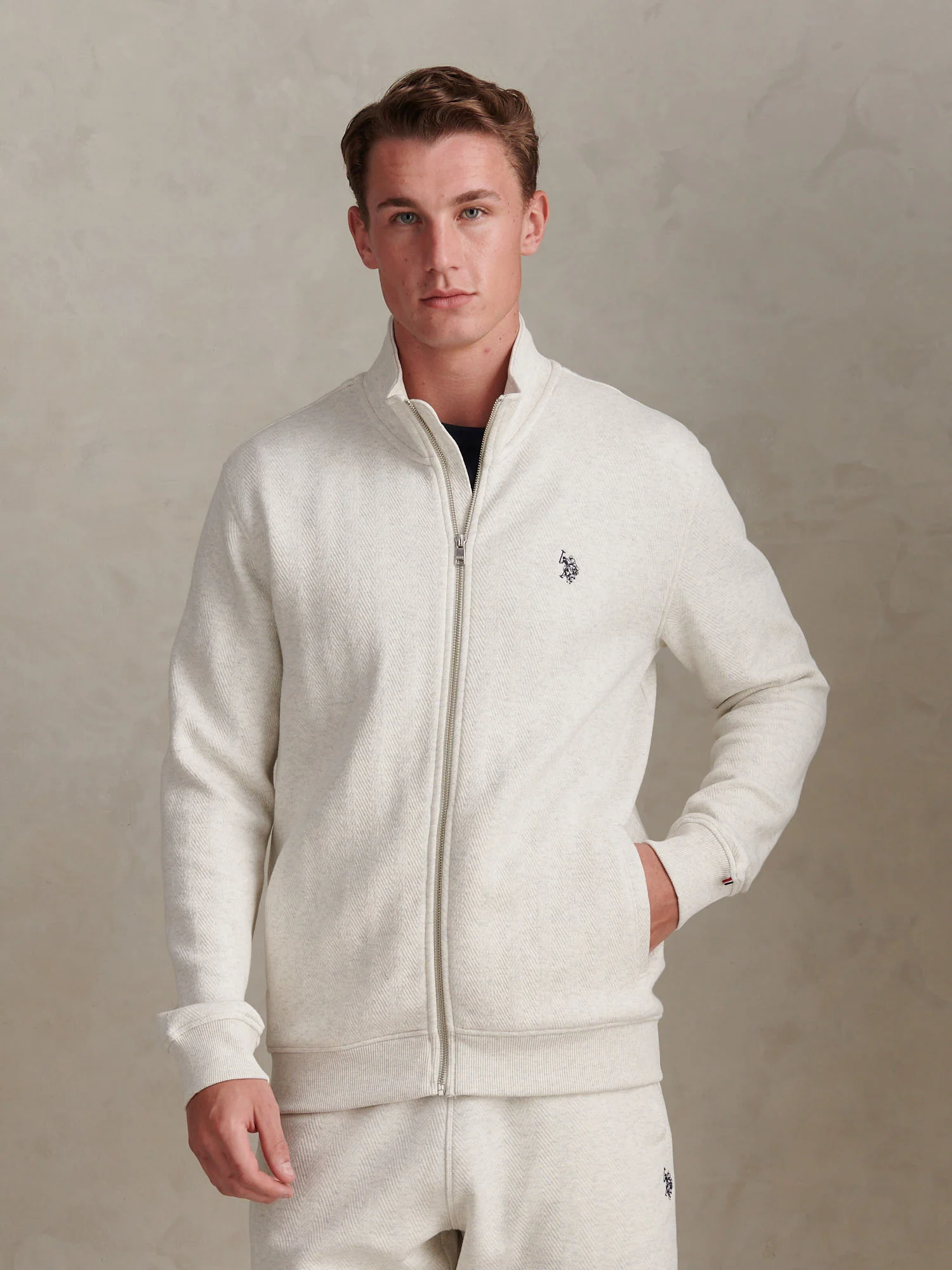 Mens Herringbone Zip Funnel Sweatshirt Light Grey Marl