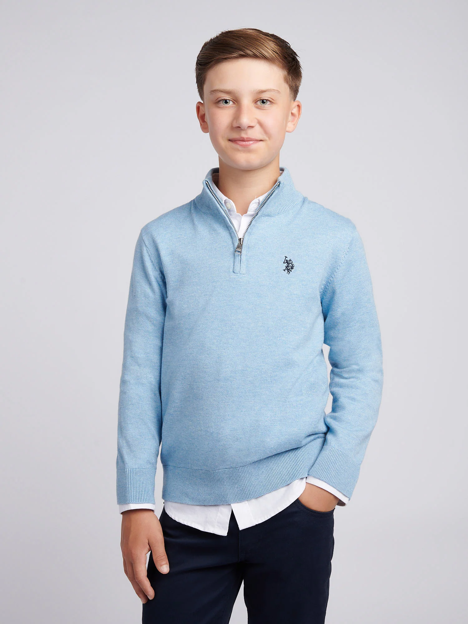 Boys Knitted Cotton Rich 1/4 Zip Parisian Blue Marl