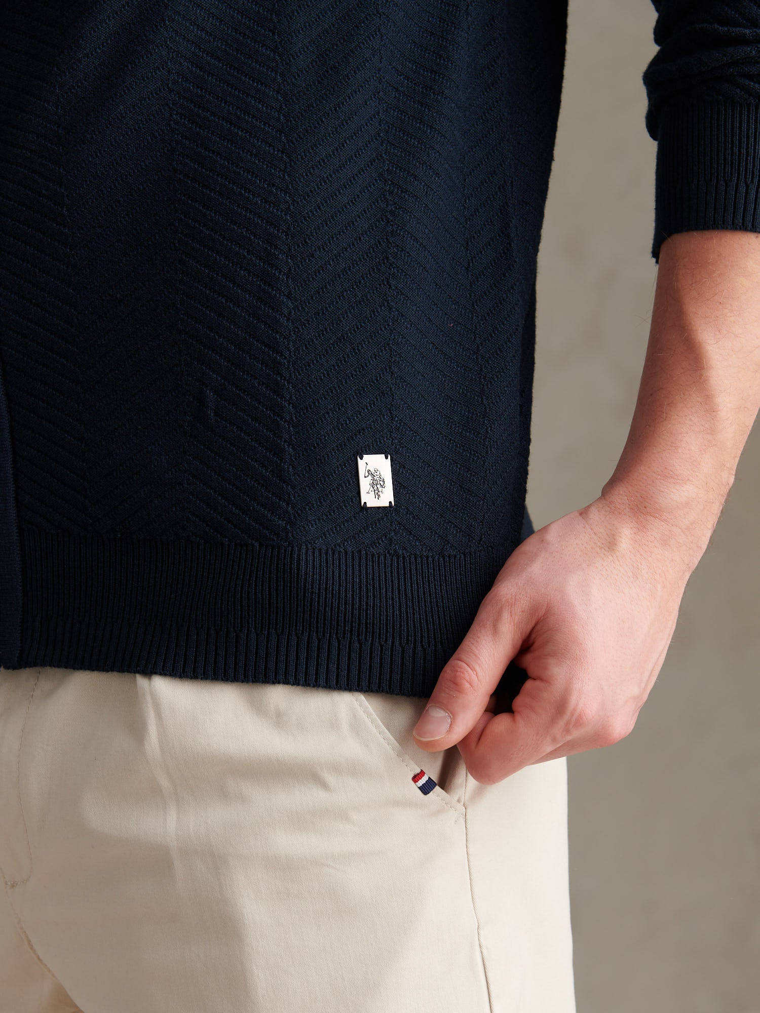 Mens Herringbone Full Zip Funnel Jumper Dark Sapphire Navy - Image 2