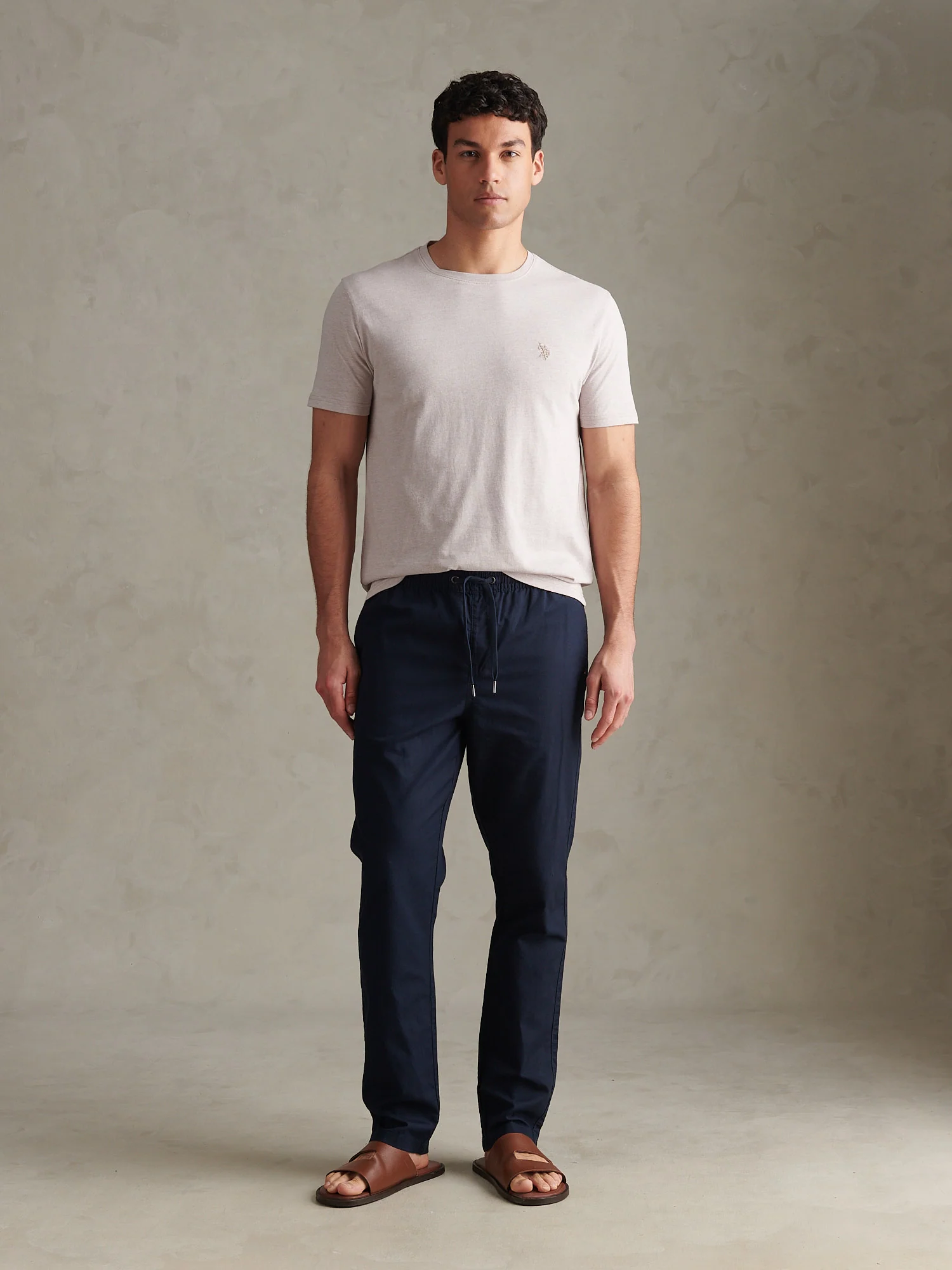 Mens Linen Blend Drawstring Trousers Dark Sapphire Navy / Haute Red DHM - Image 3