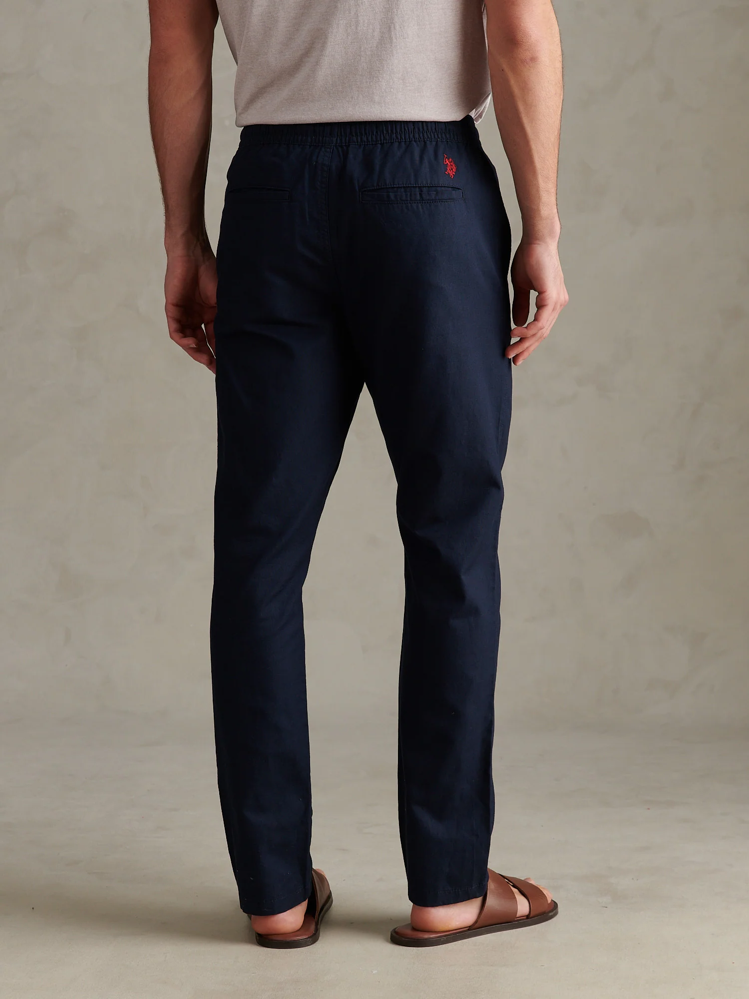 Mens Linen Blend Drawstring Trousers Dark Sapphire Navy / Haute Red DHM - Image 4