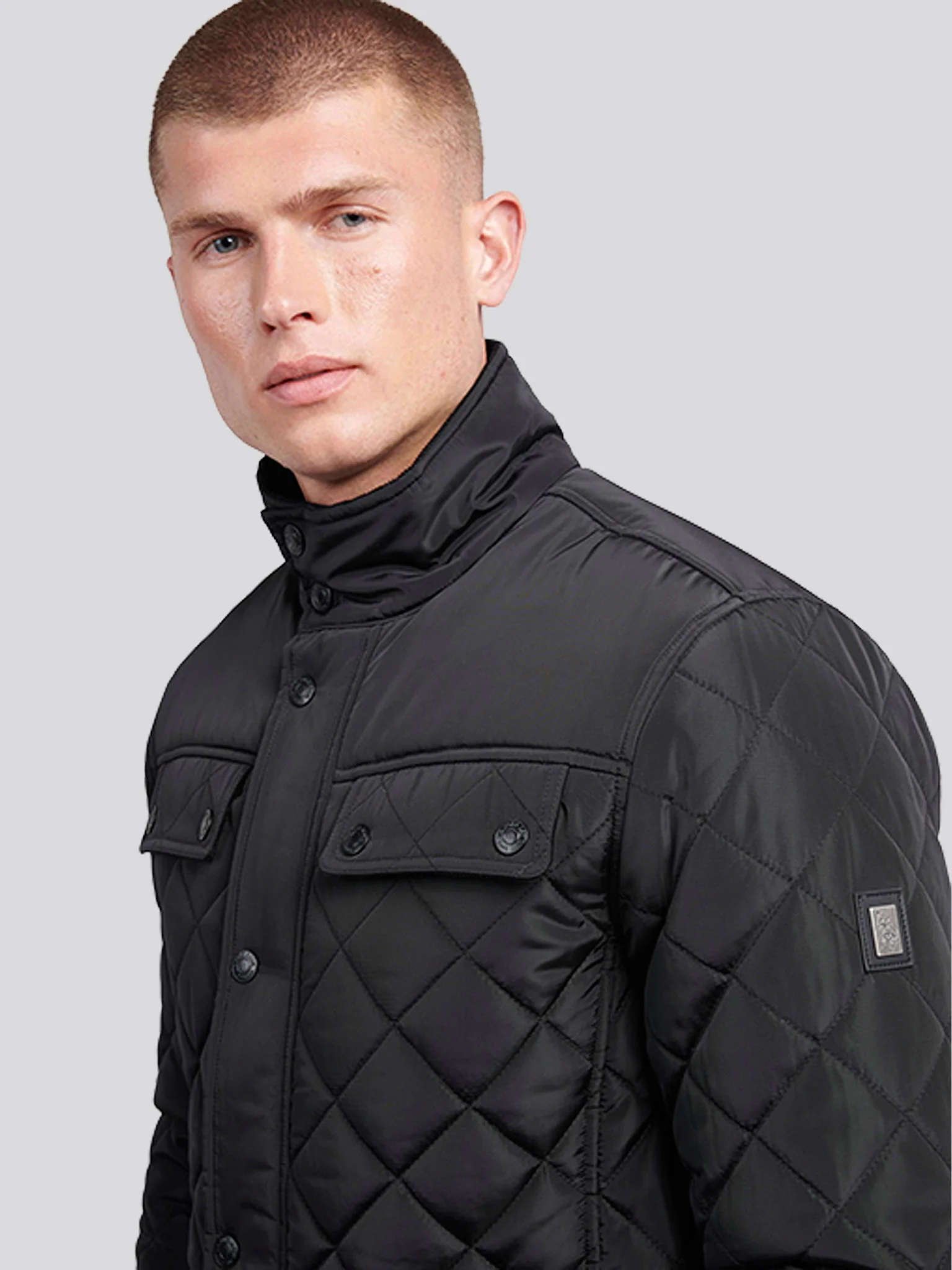 Mens Diamond Quilted Funnel Jacket in Black - Image 2