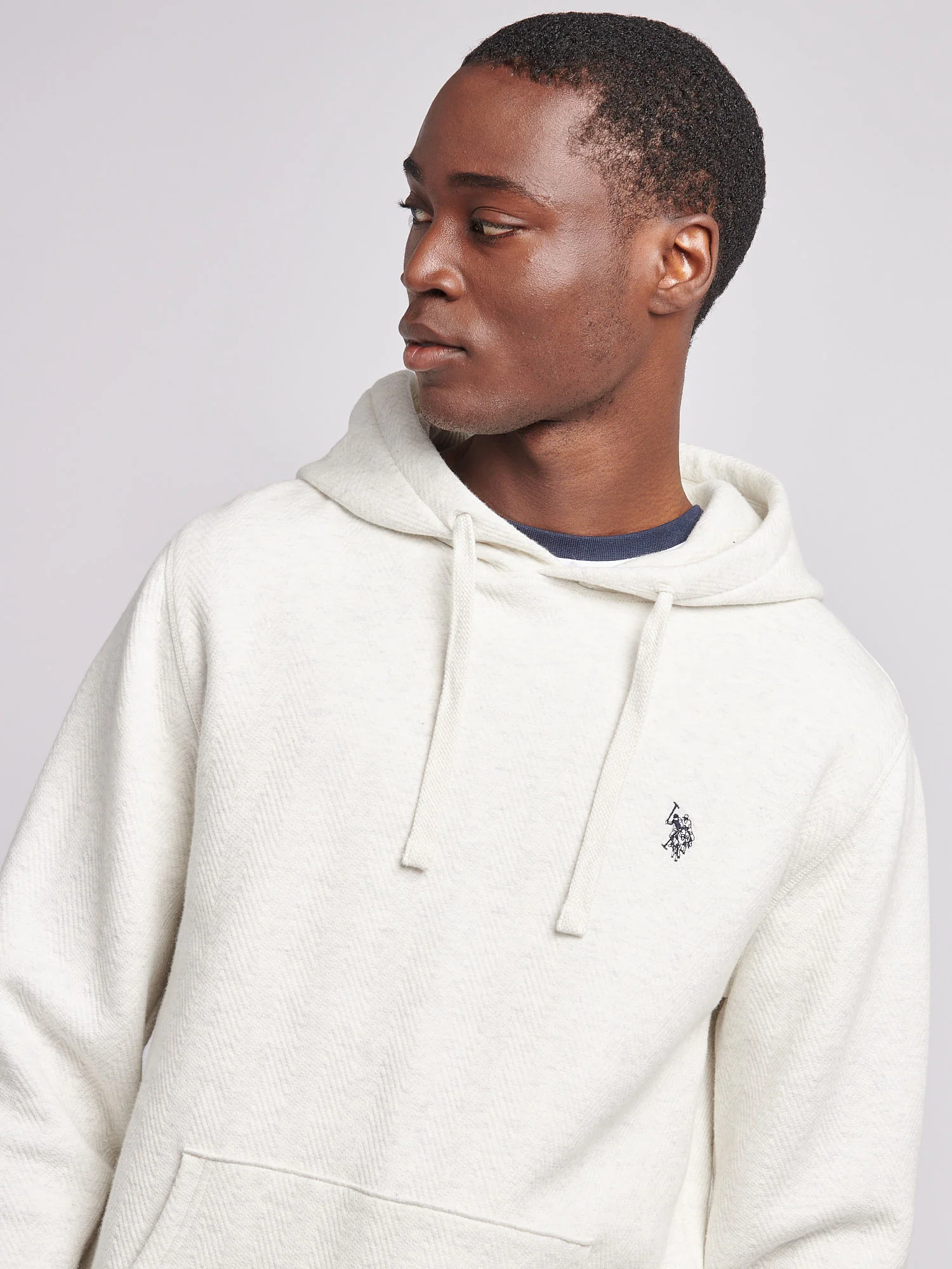Mens Double Horsemen Herringbone Hoodie in Light Grey Marl - Image 2
