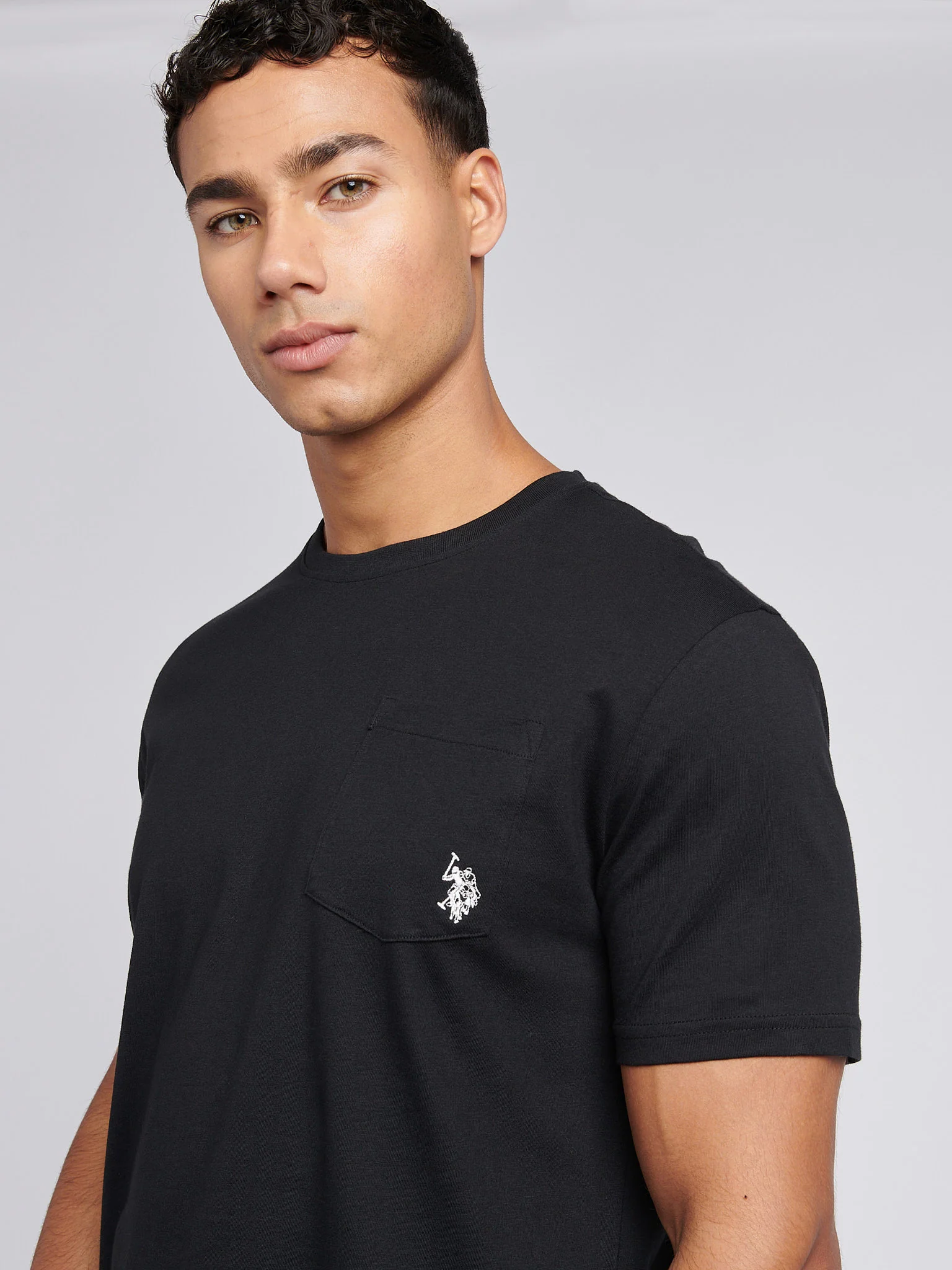 Mens Double Horsemen Pocket T-Shirt in Black Bright White DHM - Image 2